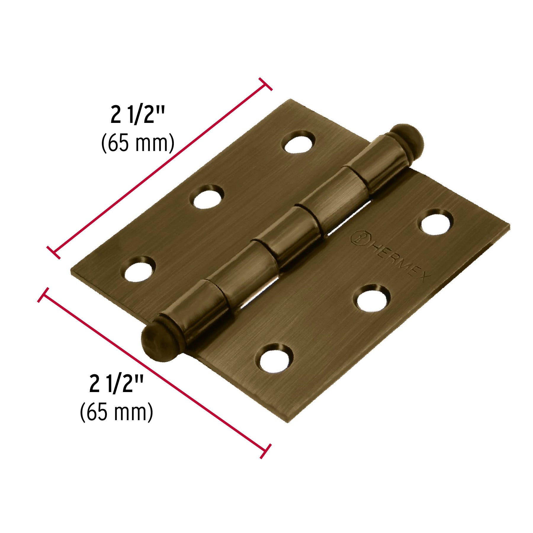 Bisagra cuadrada 2-1/2", latón antiguo, cabeza redonda