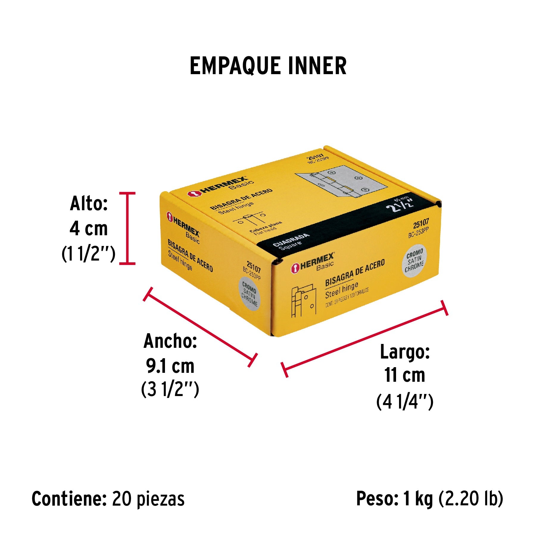 Bisagra cuadrada 2-1/2", satinado, cabeza plana, BASIC - Empaque