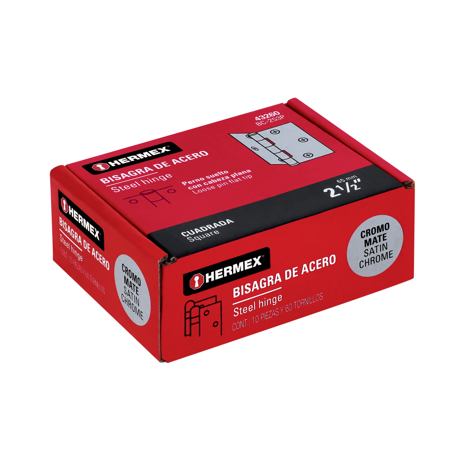Bisagra cuadrada 2-1/2", satinado, cabeza plana, HERMEX