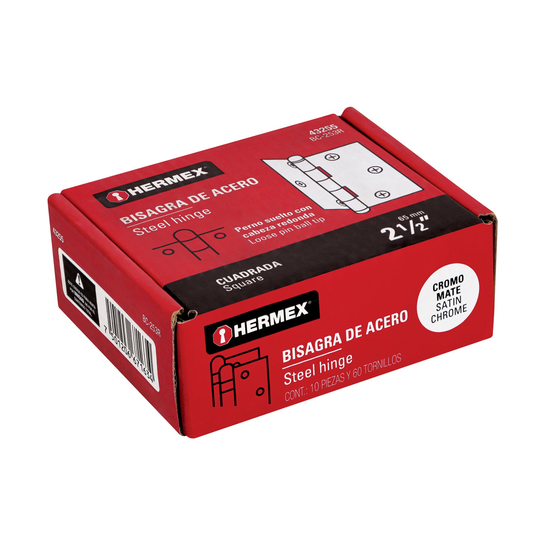 Bisagra cuadrada 2-1/2", satinado, cabeza redonda, HERMEX