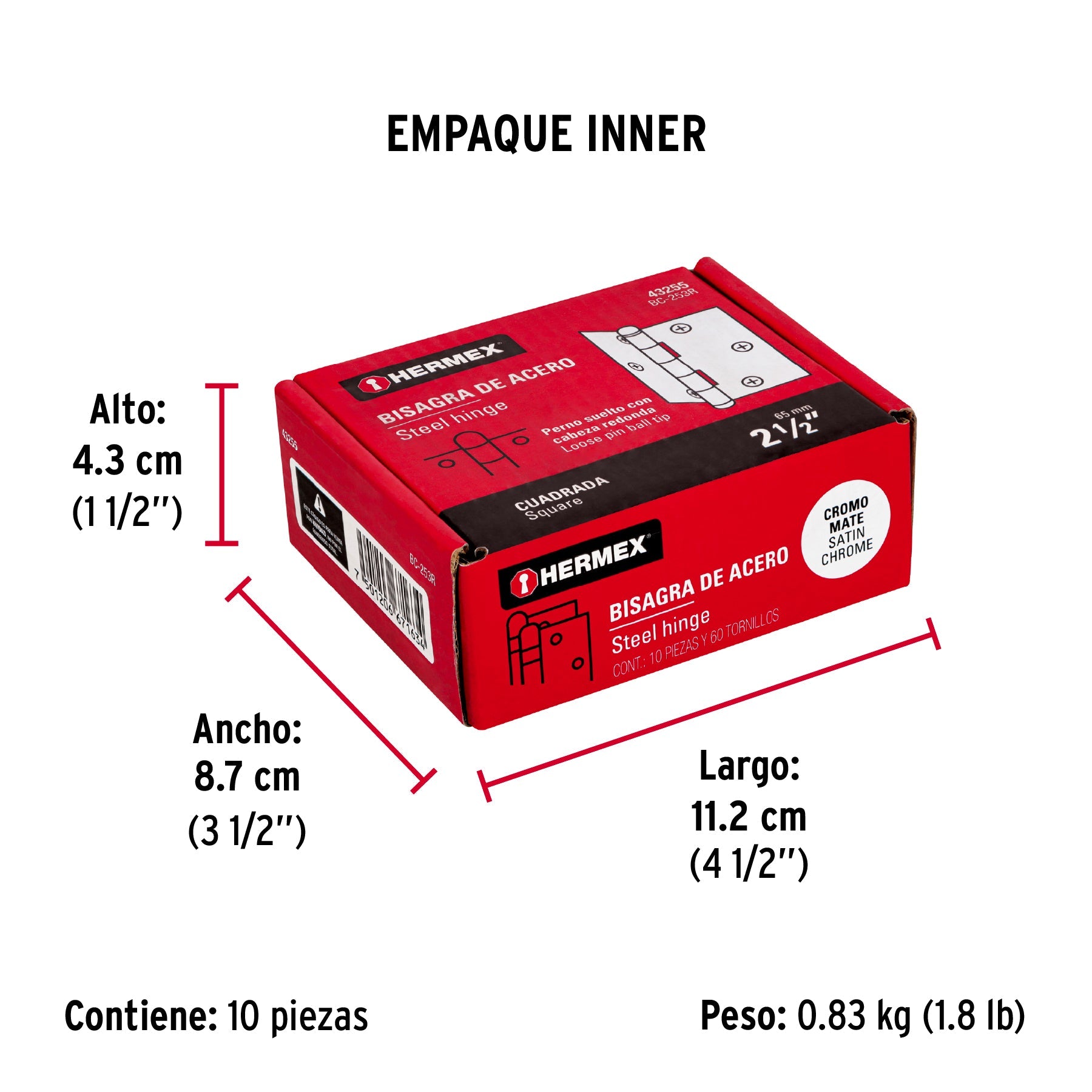 Bisagra cuadrada 2-1/2", satinado, cabeza redonda, HERMEX - Empaque