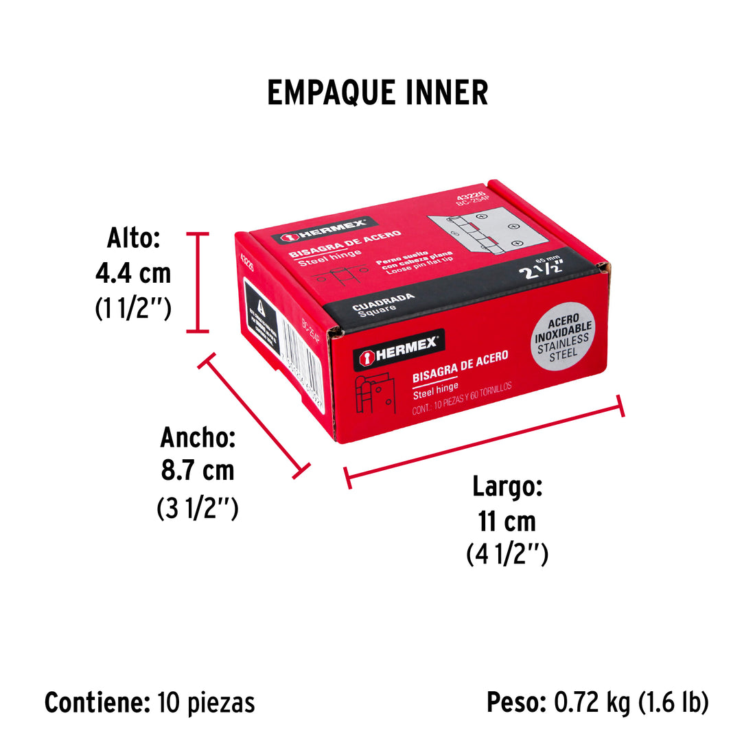 Bisagra cuadrada 2-1/2" acero inox, cabeza plana, HERMEX