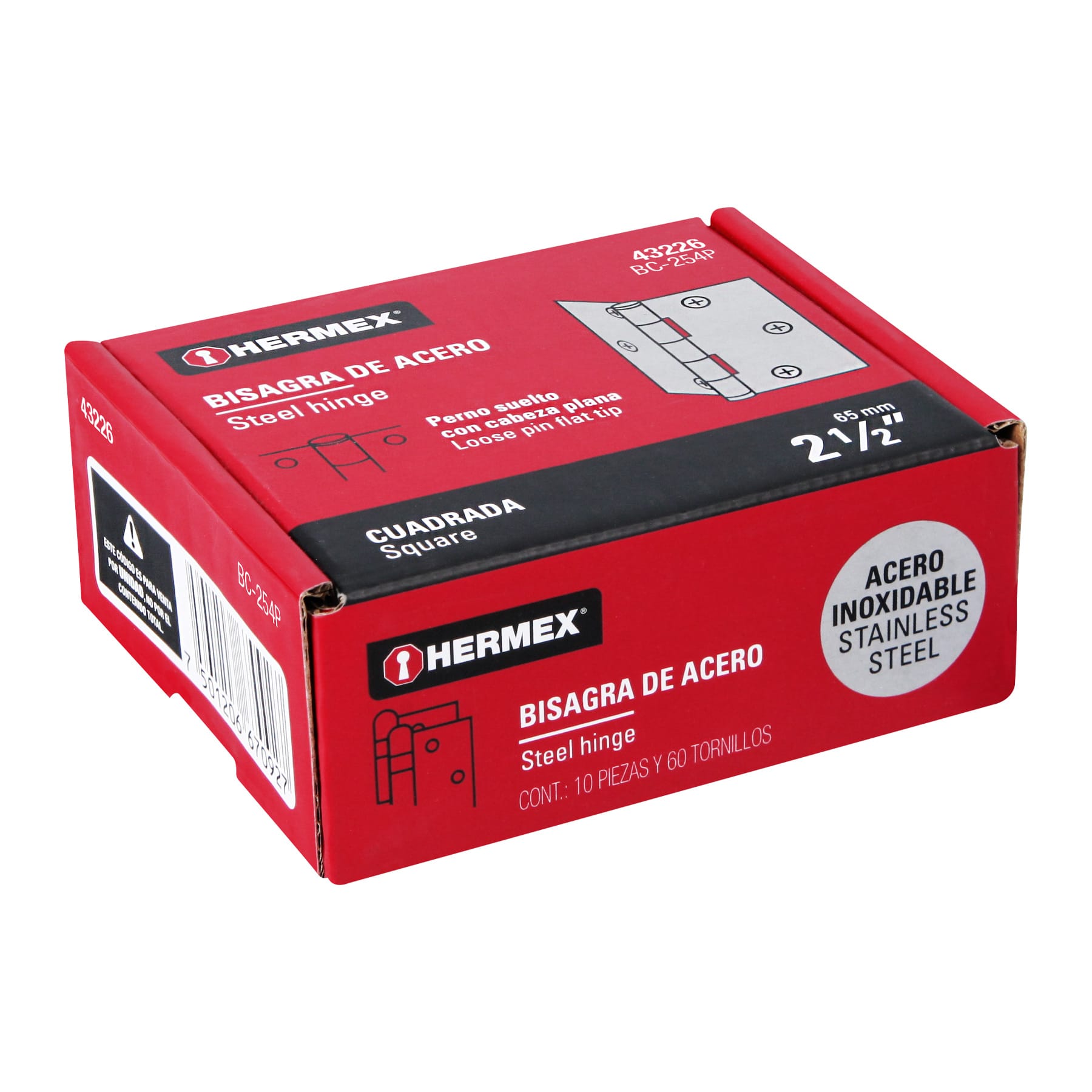 Bisagra cuadrada 2-1/2" acero inox, cabeza plana, HERMEX