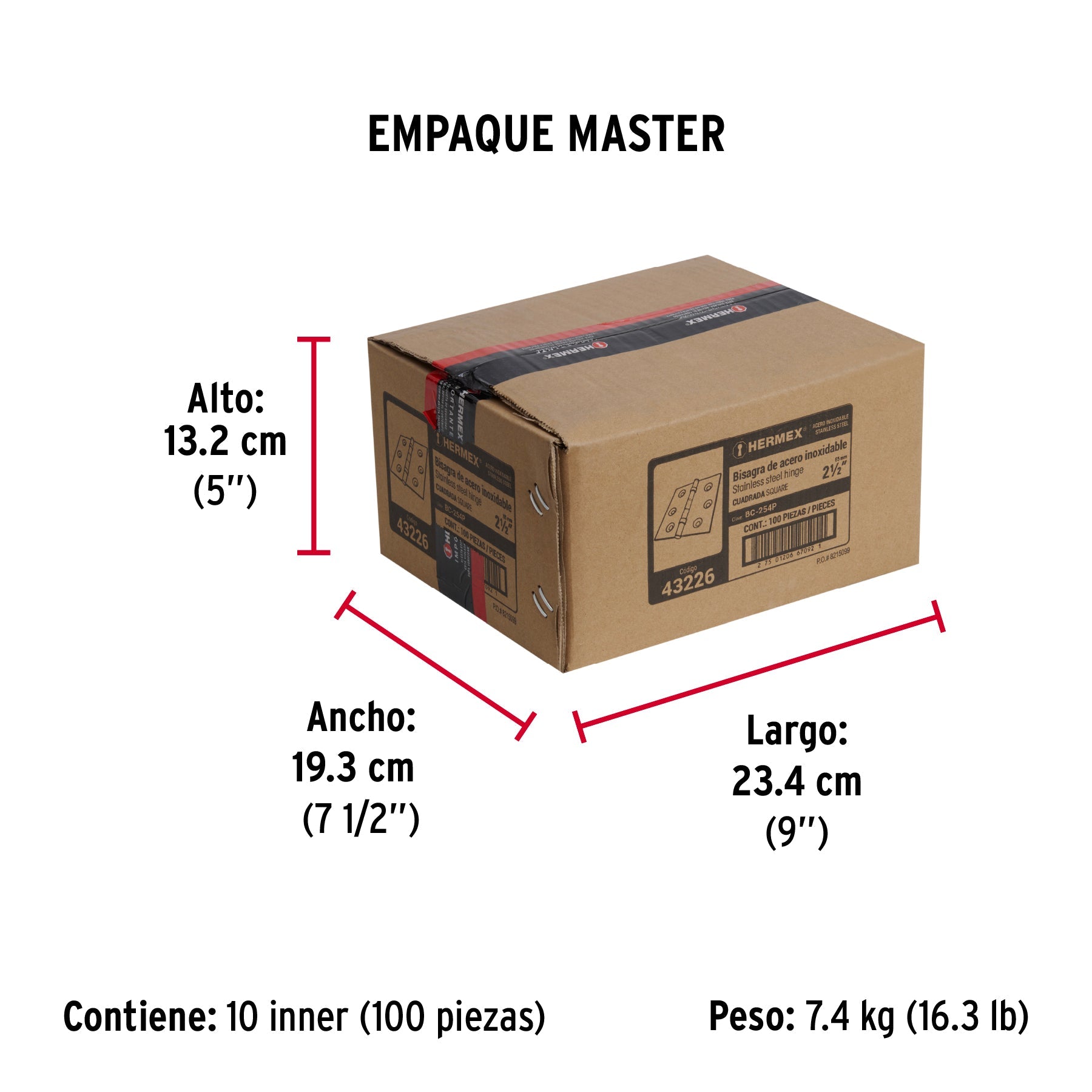 Bisagra cuadrada 2-1/2" acero inox, cabeza plana, HERMEX - Empaque