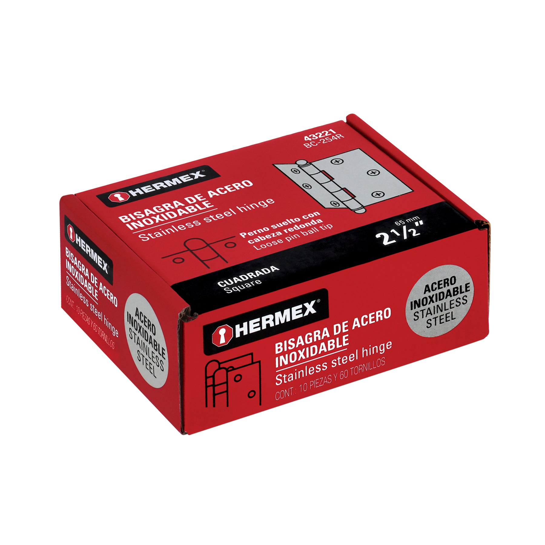 Bisagra cuadrada 2-1/2" acero inox, cabeza redonda, HERMEX