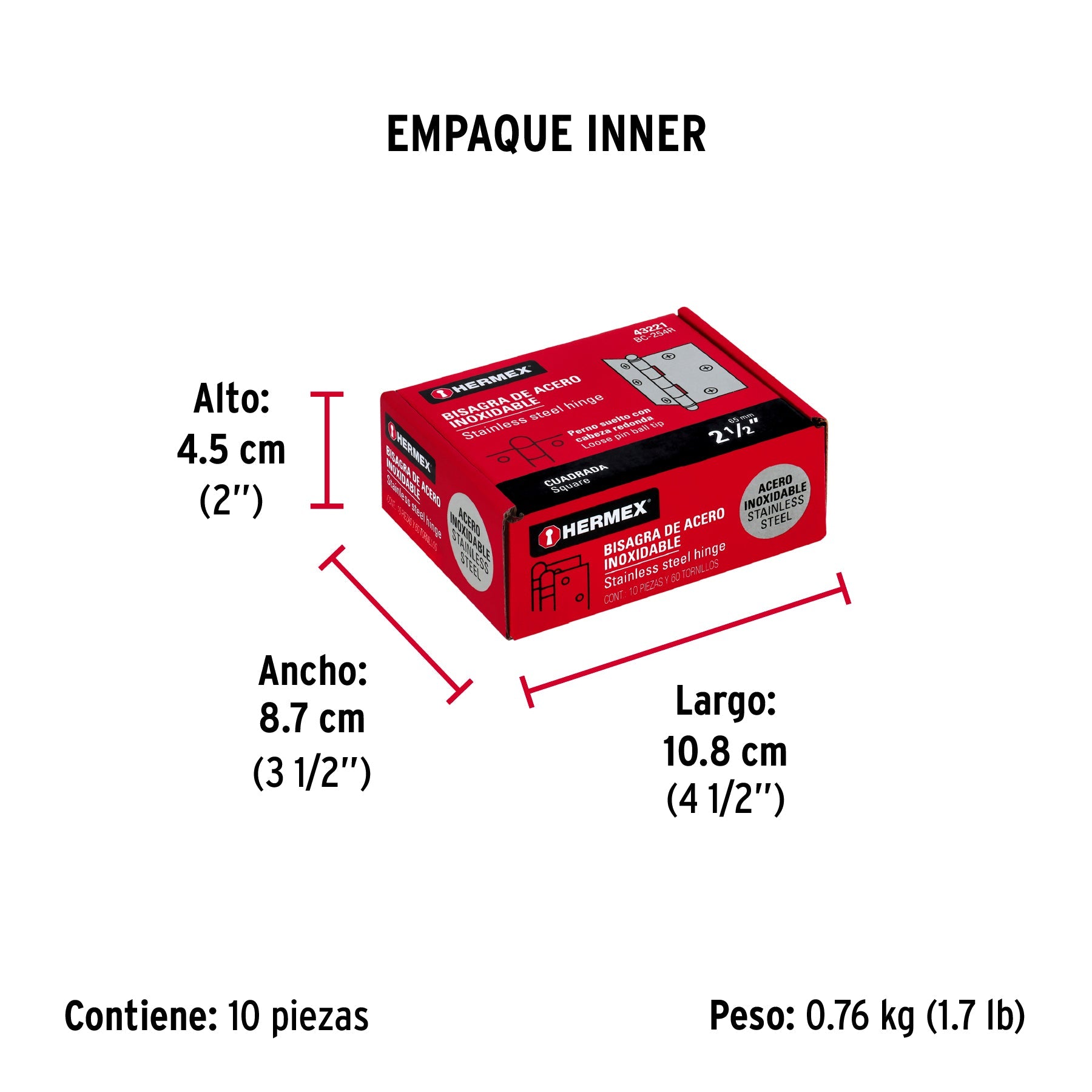Bisagra cuadrada 2-1/2" acero inox, cabeza redonda, HERMEX - Empaque