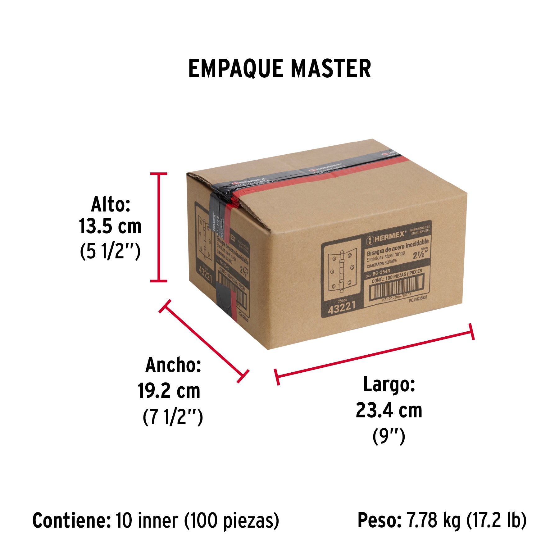 Bisagra cuadrada 2-1/2" acero inox, cabeza redonda, HERMEX - Empaque