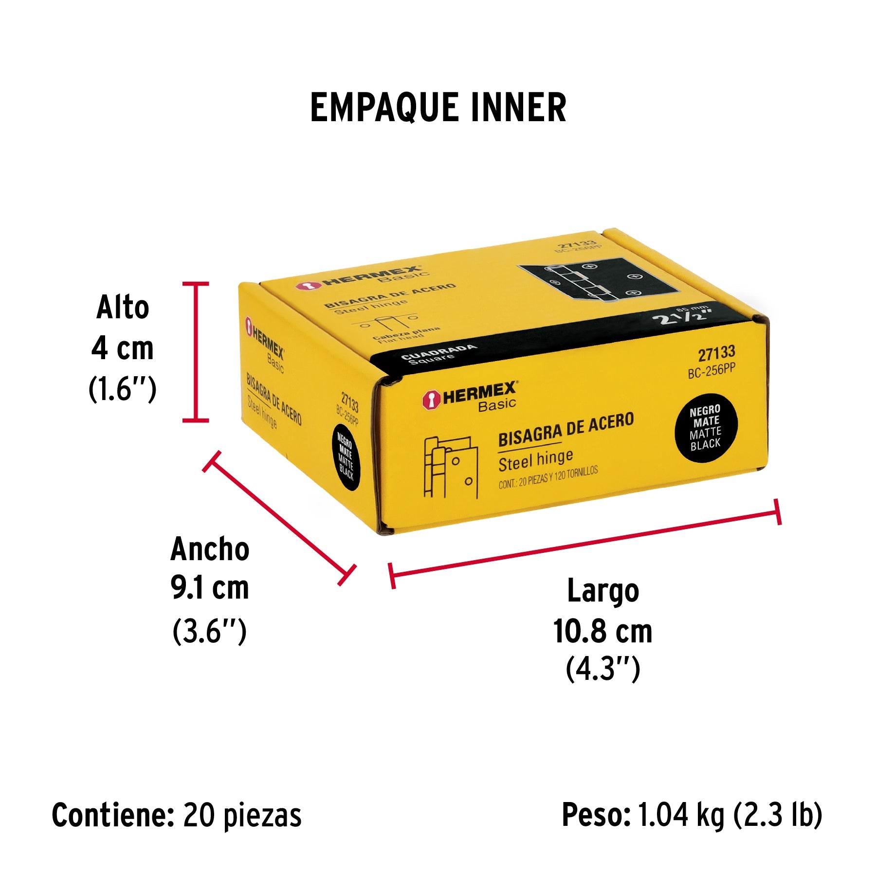 Bisagra cuadrada 2-1/2", negro mate, cabeza plana, BASIC - Empaque