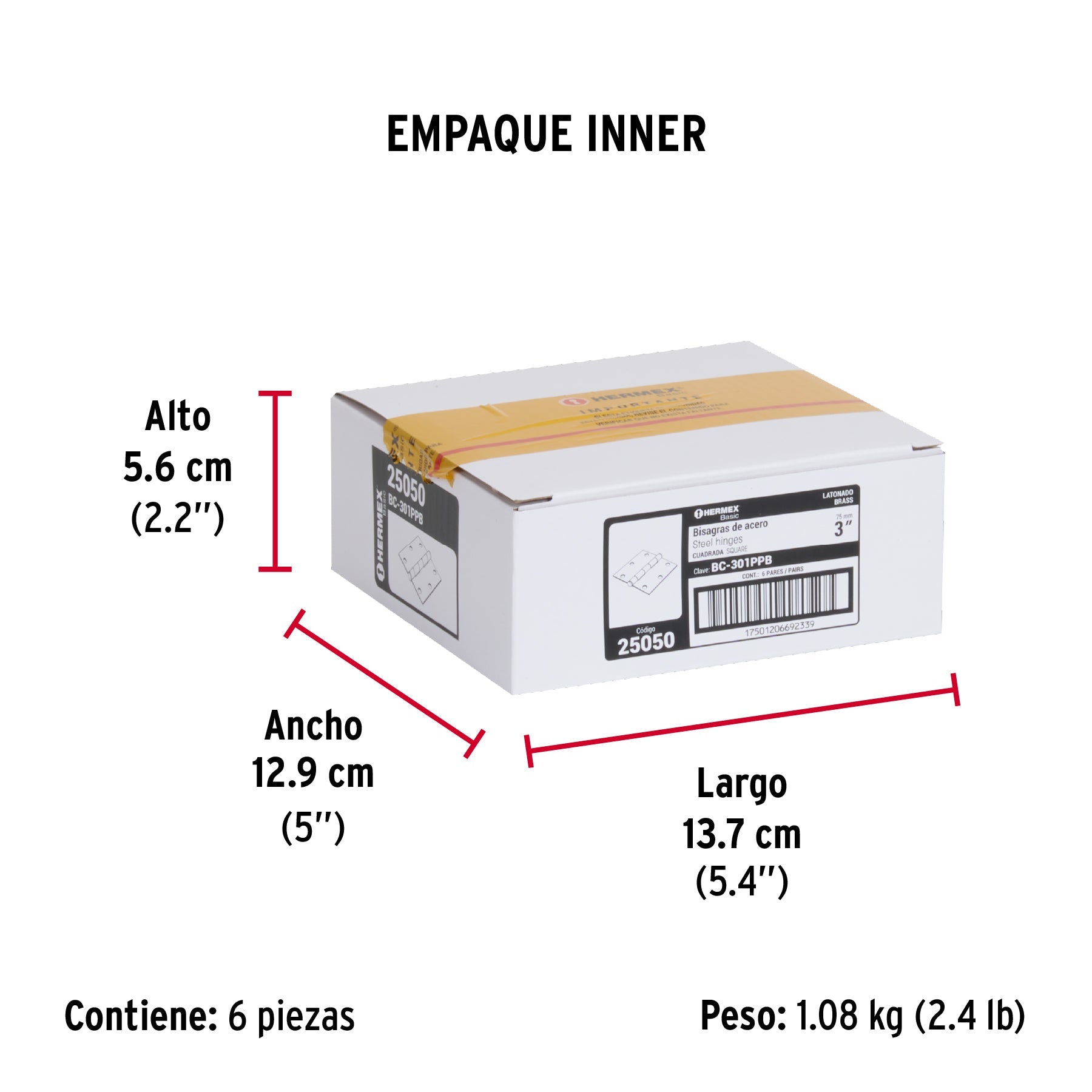 Bolsa c/2 bisagras cuadradas 3", latonado, HERMEX BASIC - Empaque