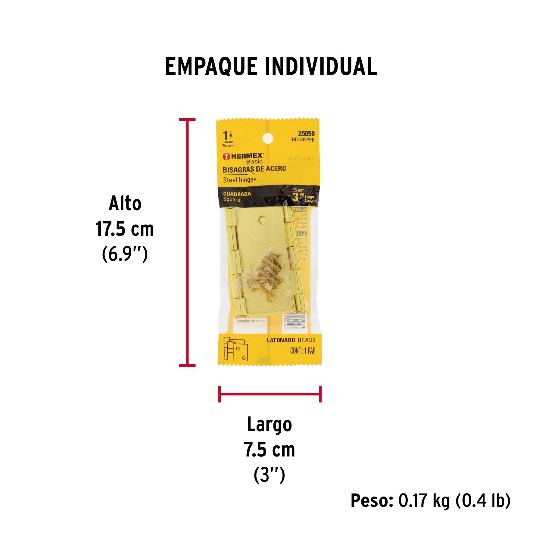 Bolsa c/2 bisagras cuadradas 3", latonado, HERMEX BASIC - Empaque