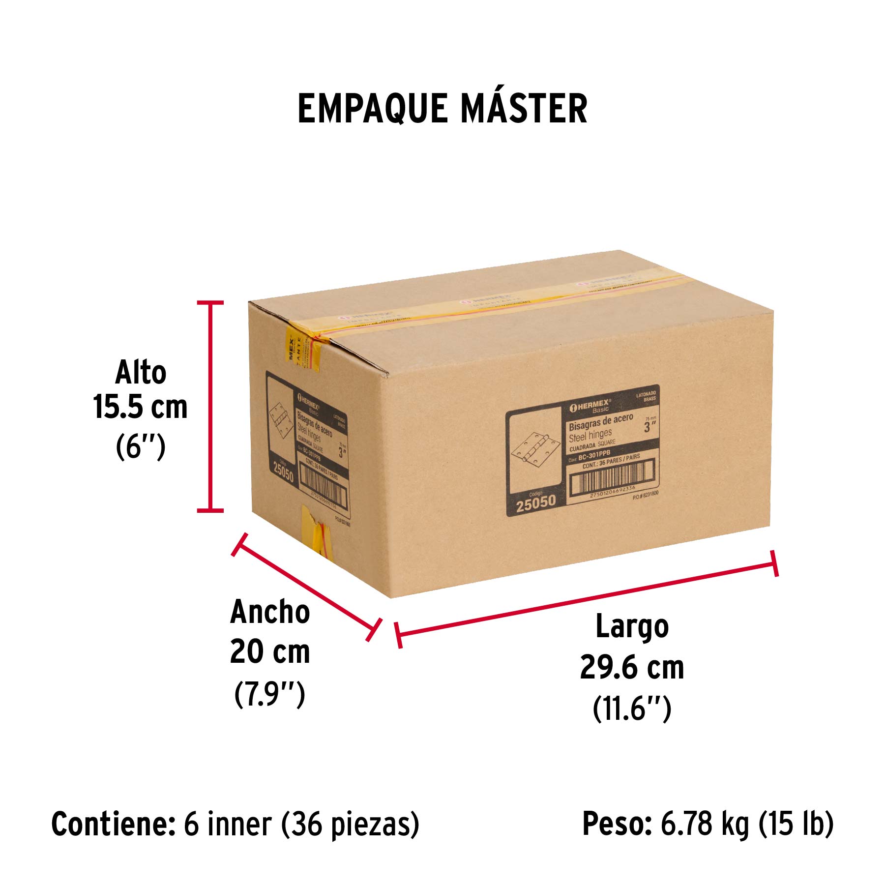 Bolsa c/2 bisagras cuadradas 3", latonado, HERMEX BASIC - Empaque