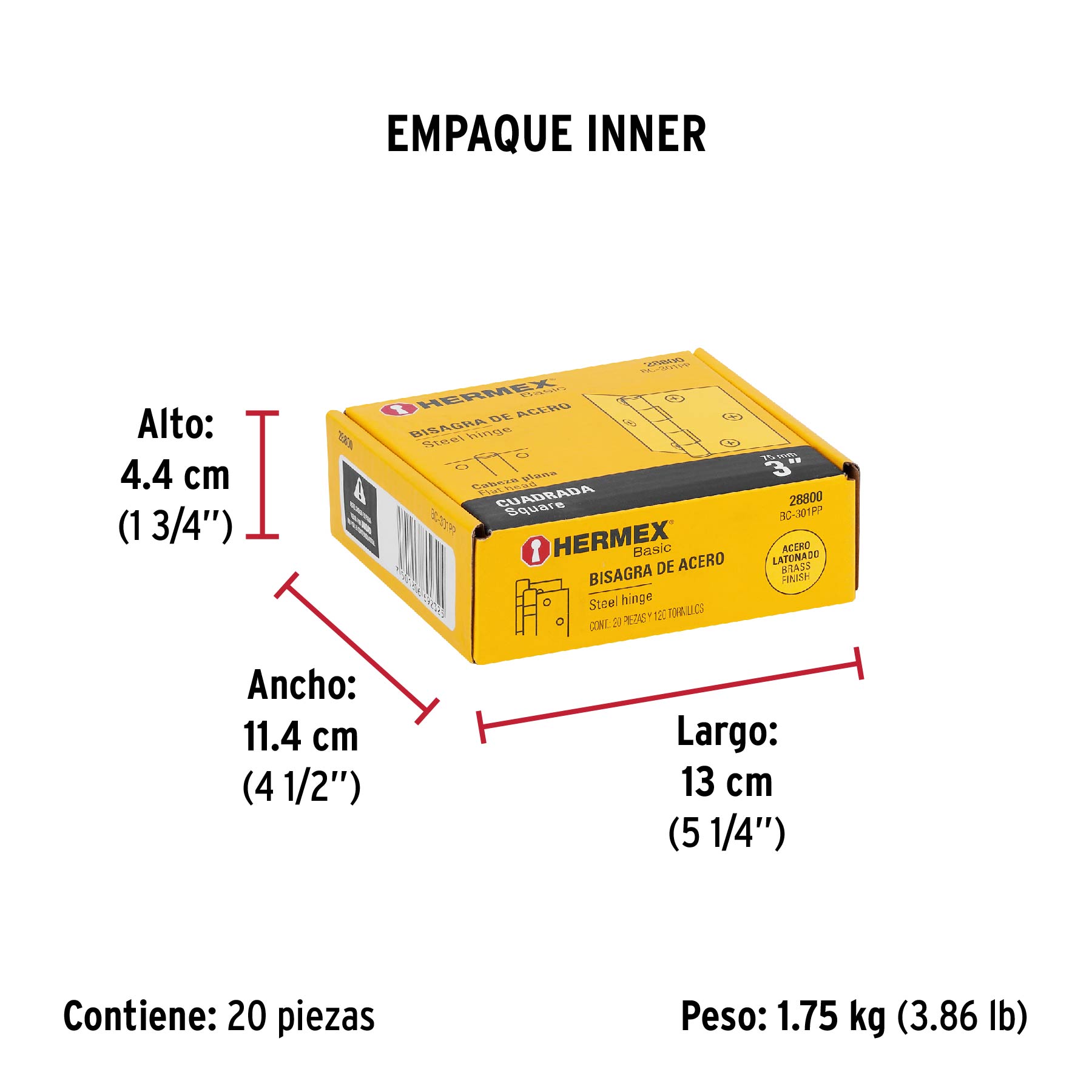 Bisagra cuadrada 3", latonado, cabeza plana, HERMEX BASIC - Empaque
