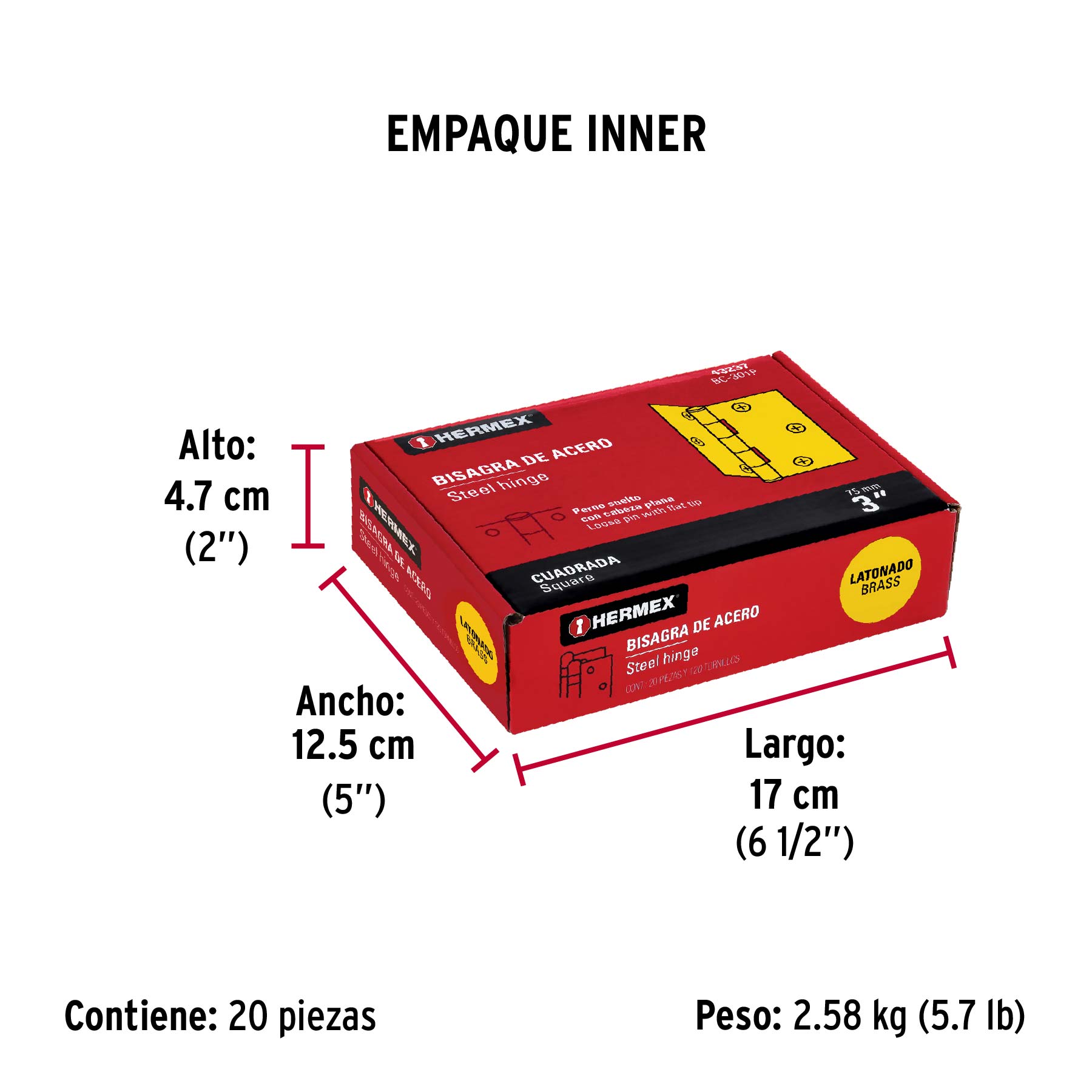 Bisagra cuadrada 3", latonado, cabeza plana, HERMEX - Empaque