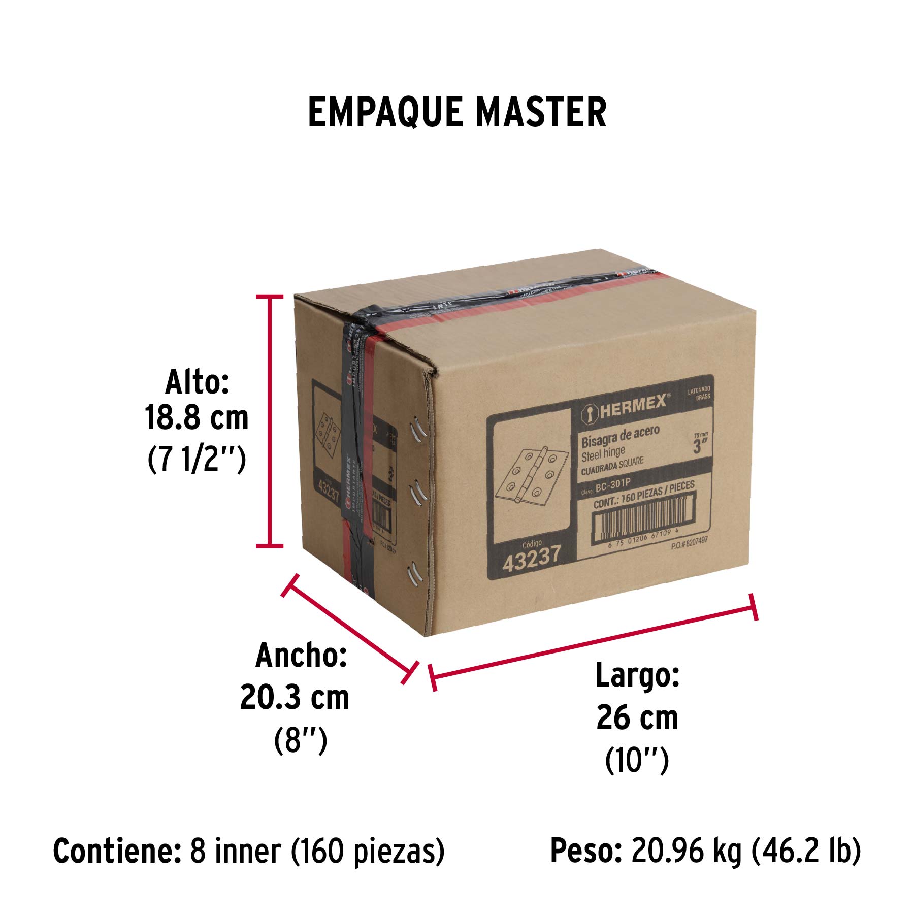 Bisagra cuadrada 3", latonado, cabeza plana, HERMEX - Empaque