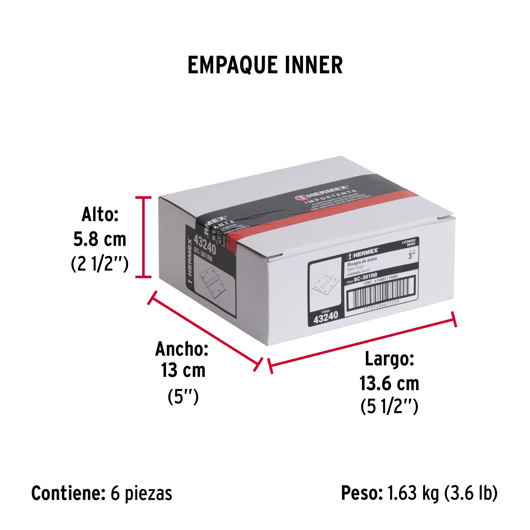 Bolsa 2 bisagras cuadradas 3" latonado, cabeza redonda - Empaque