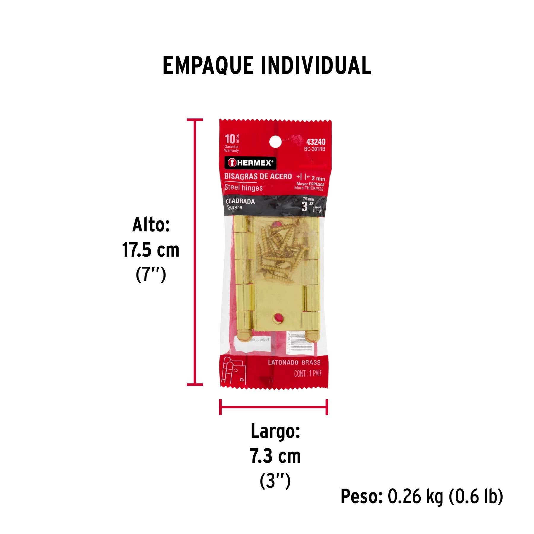 Bolsa 2 bisagras cuadradas 3" latonado, cabeza redonda - Empaque