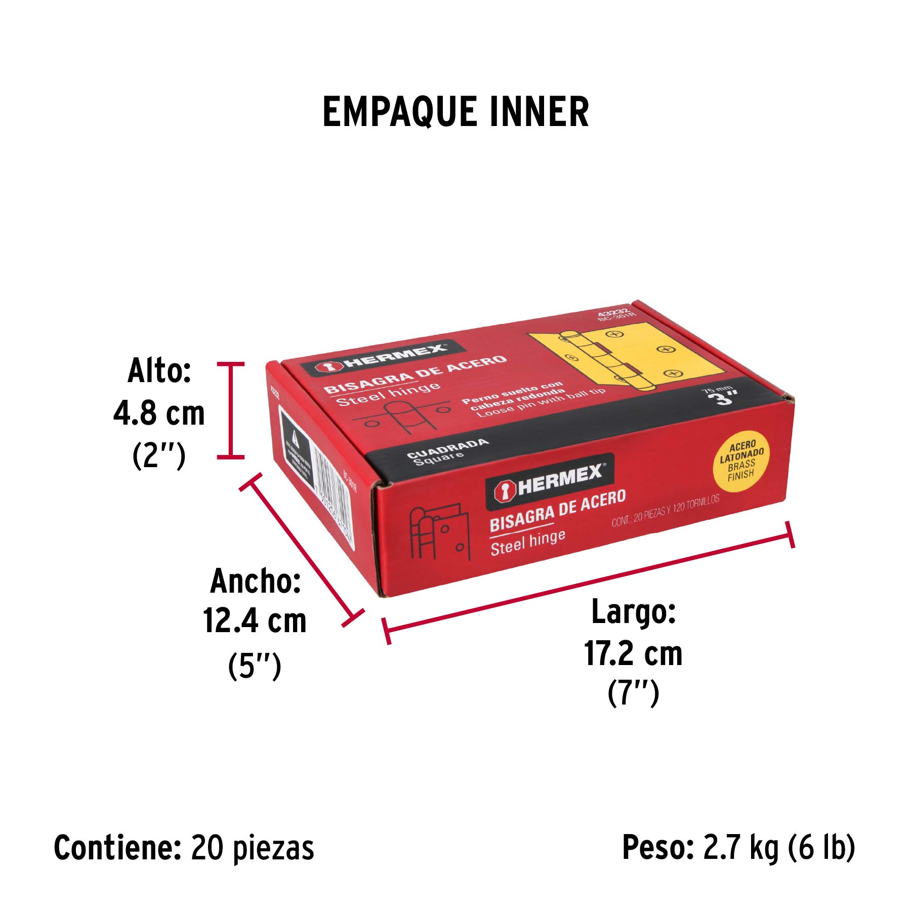 Bisagra cuadrada 3", latonado, cabeza redonda, HERMEX - Empaque