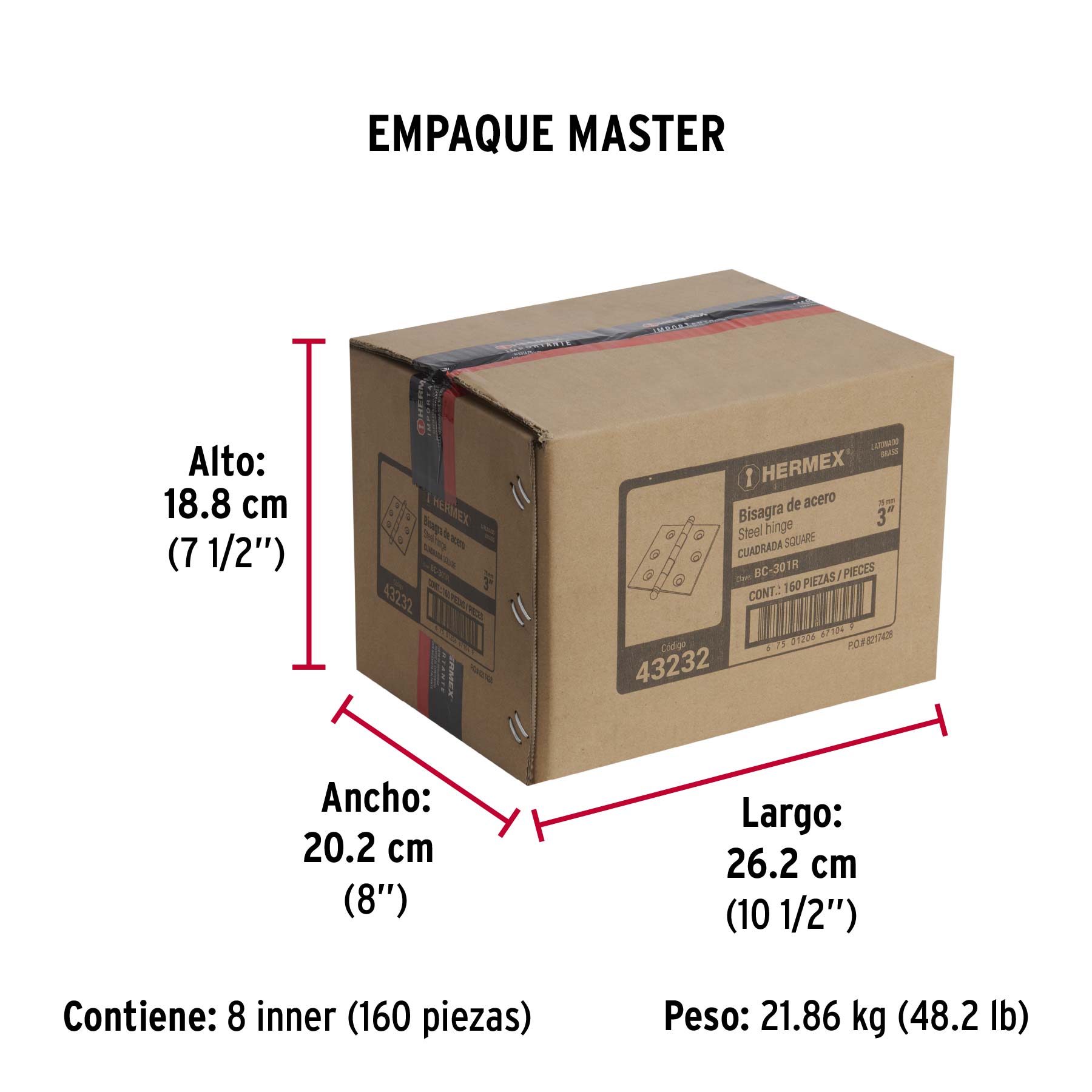 Bisagra cuadrada 3", latonado, cabeza redonda, HERMEX - Empaque