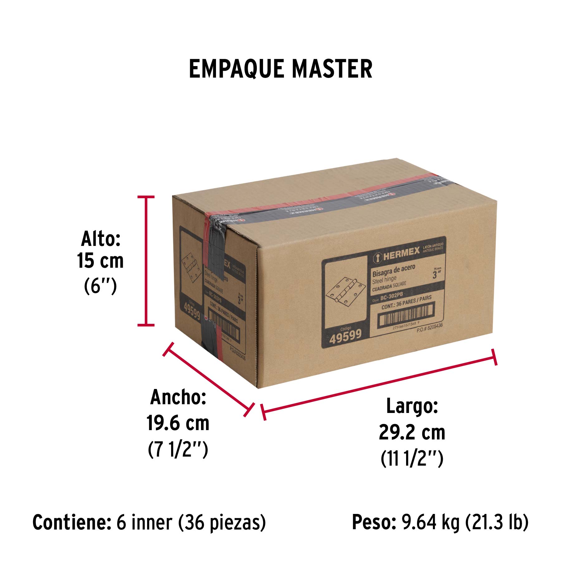 Bolsa 2 bisagras cuadradas 3" latón antiguo, cabeza plana - Empaque