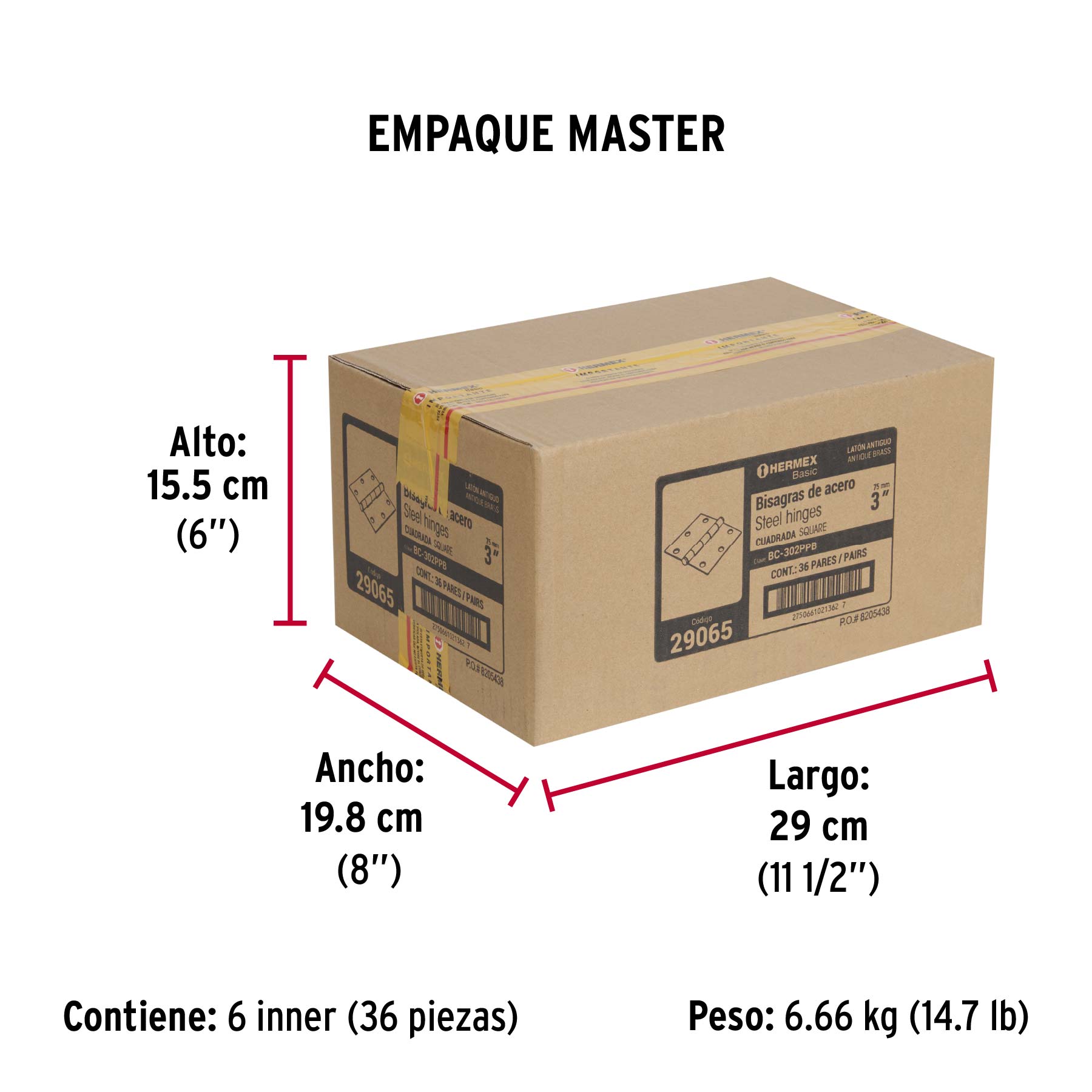 Bolsa c/2 bisagras cuadradas 3", plana, latón ant, BASIC - Empaque