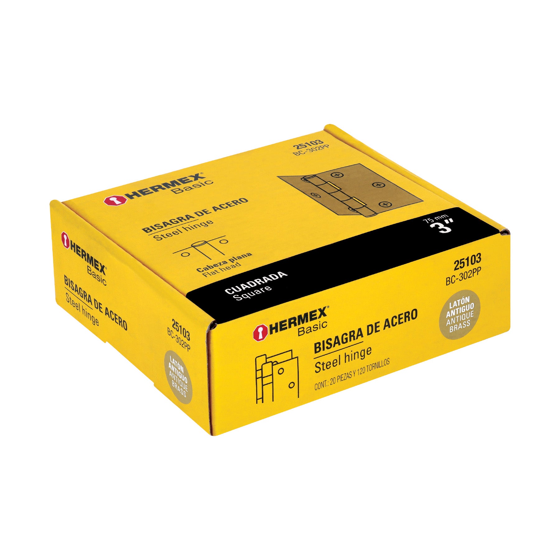 Bisagra cuadrada 3", latón antiguo, cabeza plana, BASIC
