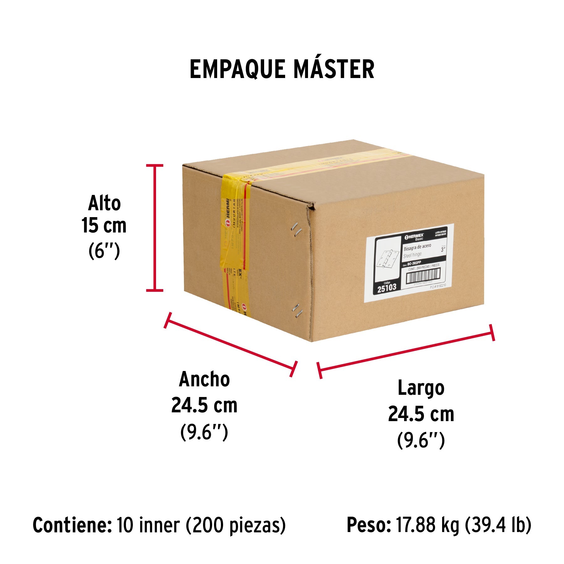 Bisagra cuadrada 3", latón antiguo, cabeza plana, BASIC - Empaque
