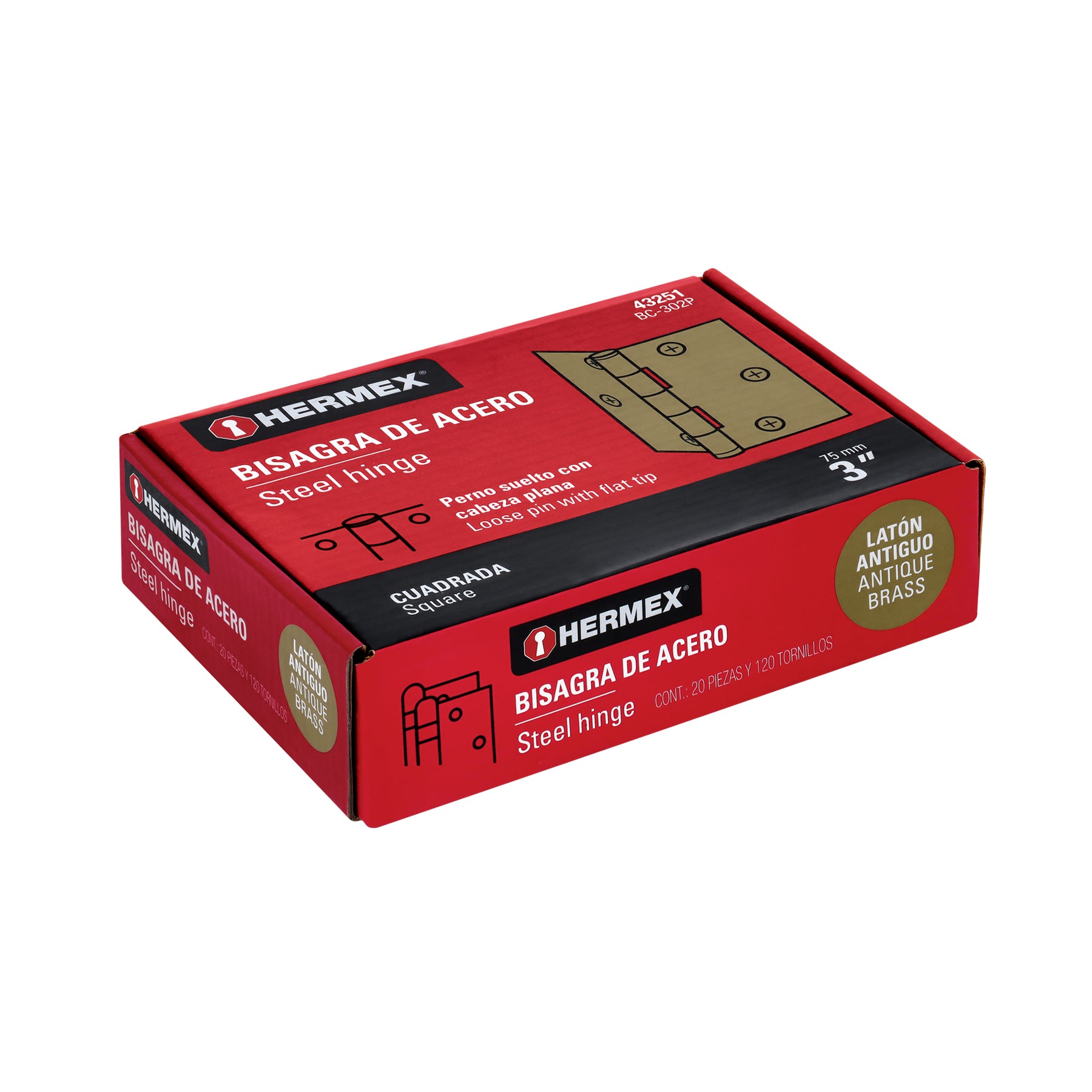 Bisagra cuadrada 3", latón antiguo, cabeza plana, HERMEX