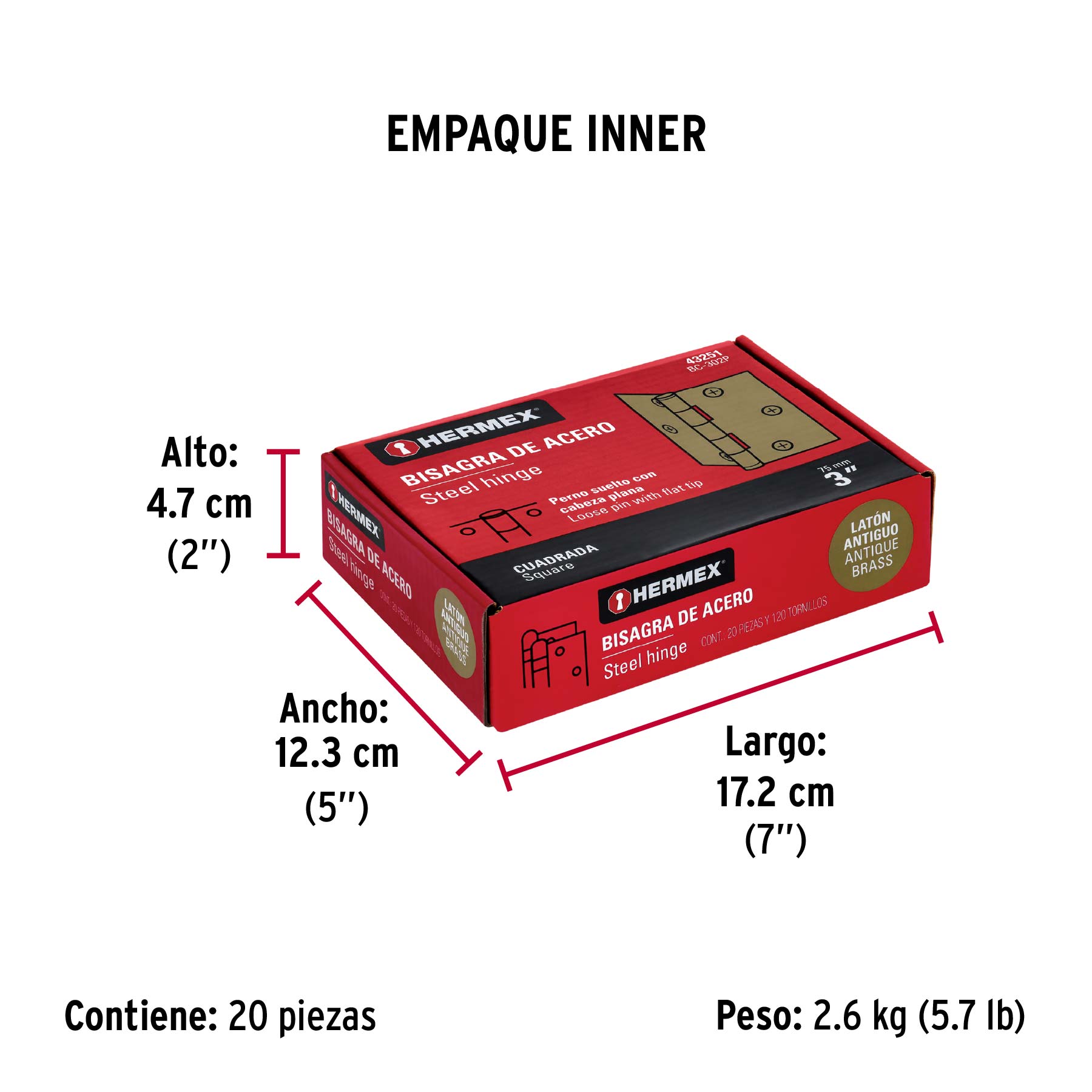 Bisagra cuadrada 3", latón antiguo, cabeza plana, HERMEX - Empaque