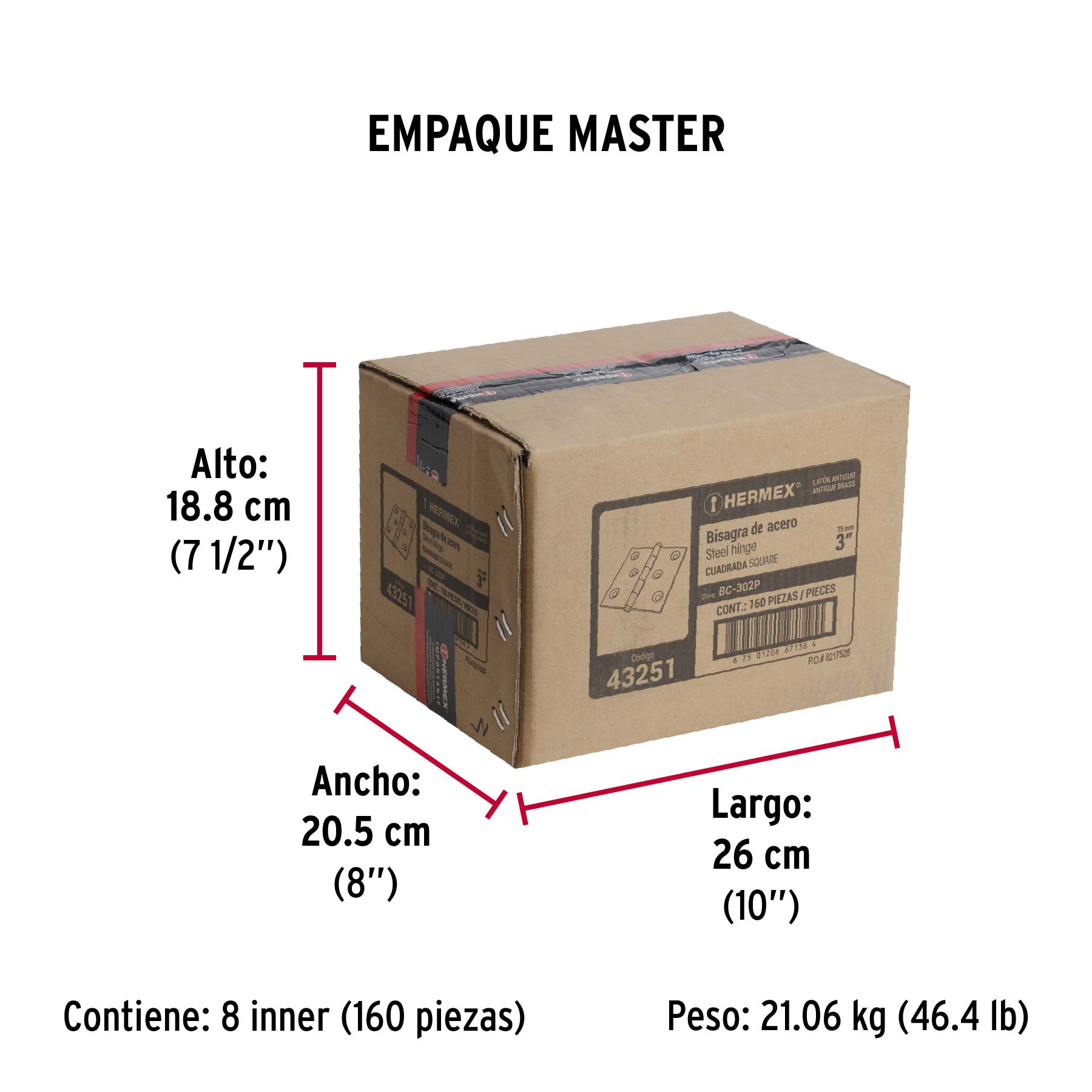 Bisagra cuadrada 3", latón antiguo, cabeza plana, HERMEX - Empaque