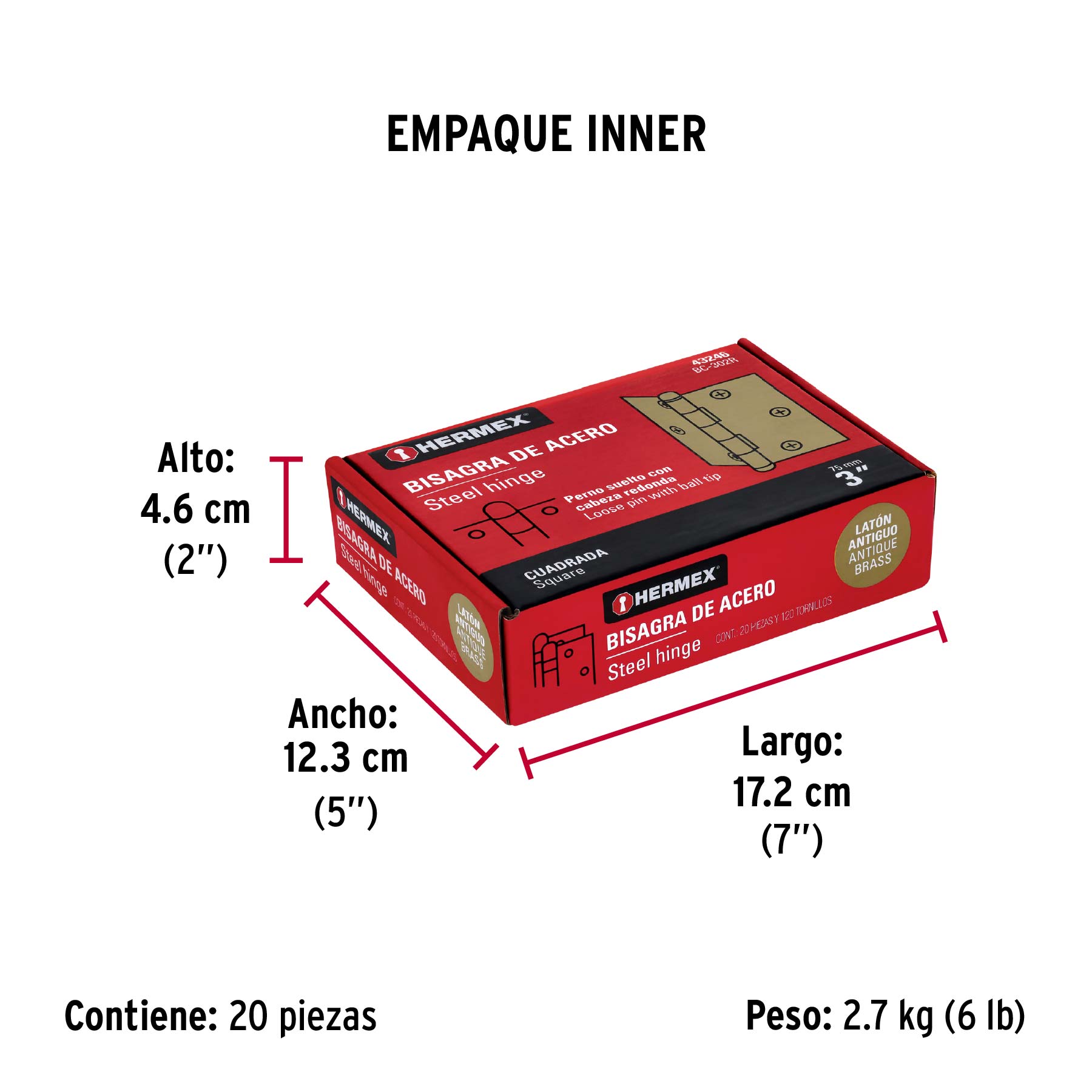 Bisagra cuadrada 3", latón antiguo, cabeza redonda, HERMEX - Empaque