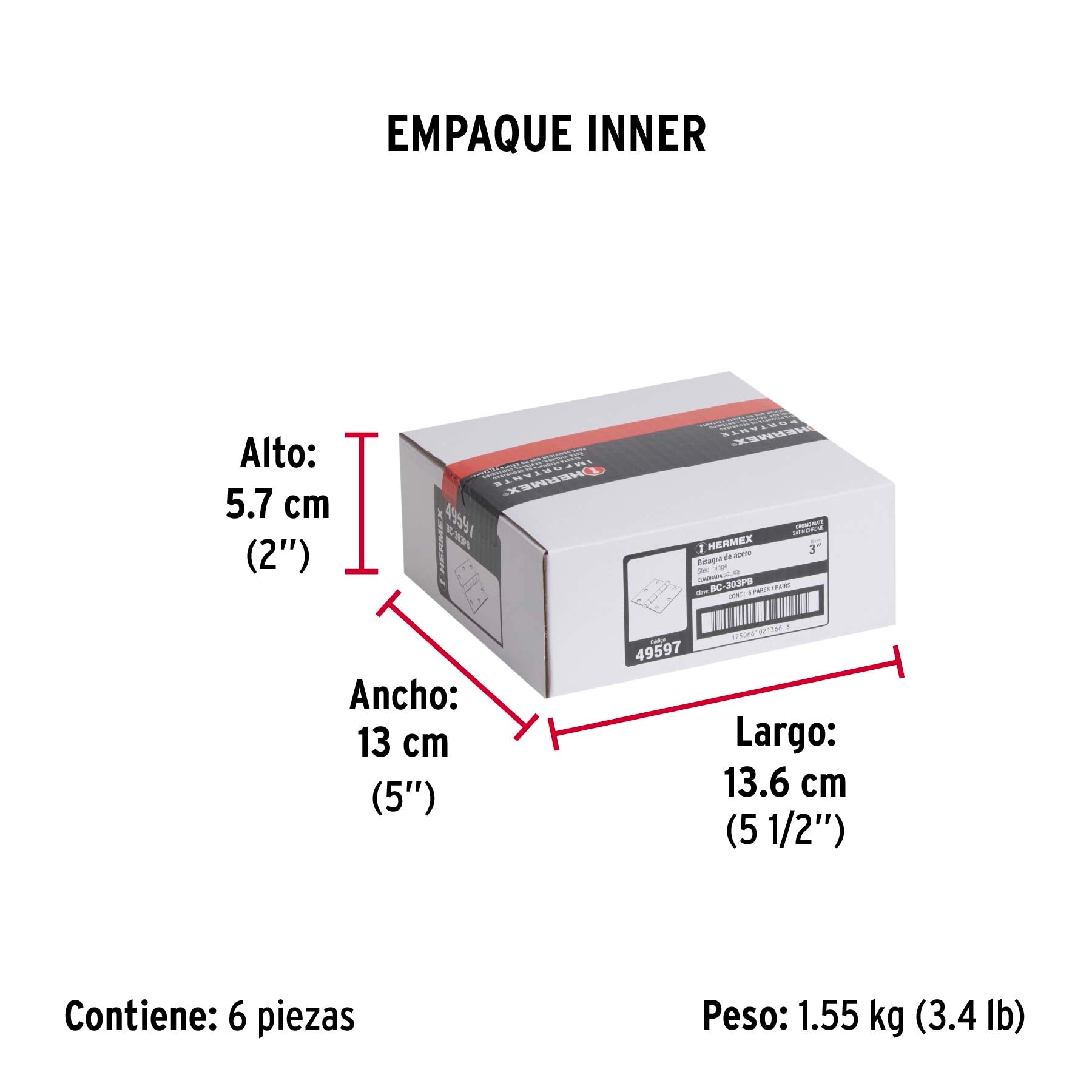 Bolsa 2 bisagras cuadradas 3" satinado, cabeza plana - Empaque