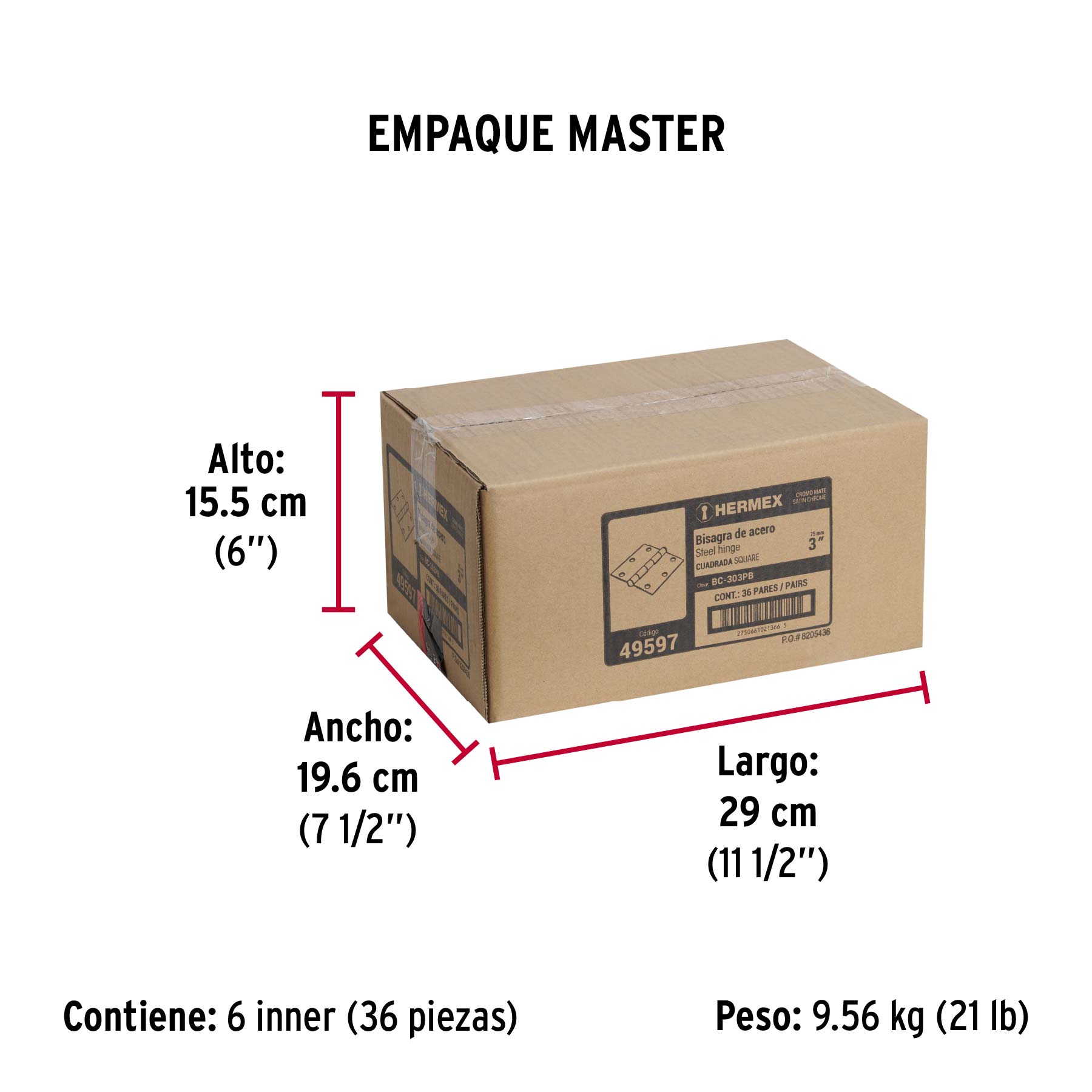 Bolsa 2 bisagras cuadradas 3" satinado, cabeza plana - Empaque