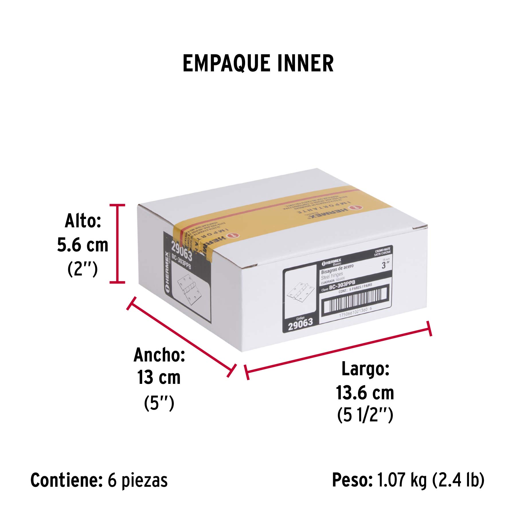 Bolsa c/2 bisagras cuadradas 3", plana, satinado, BASIC - Empaque