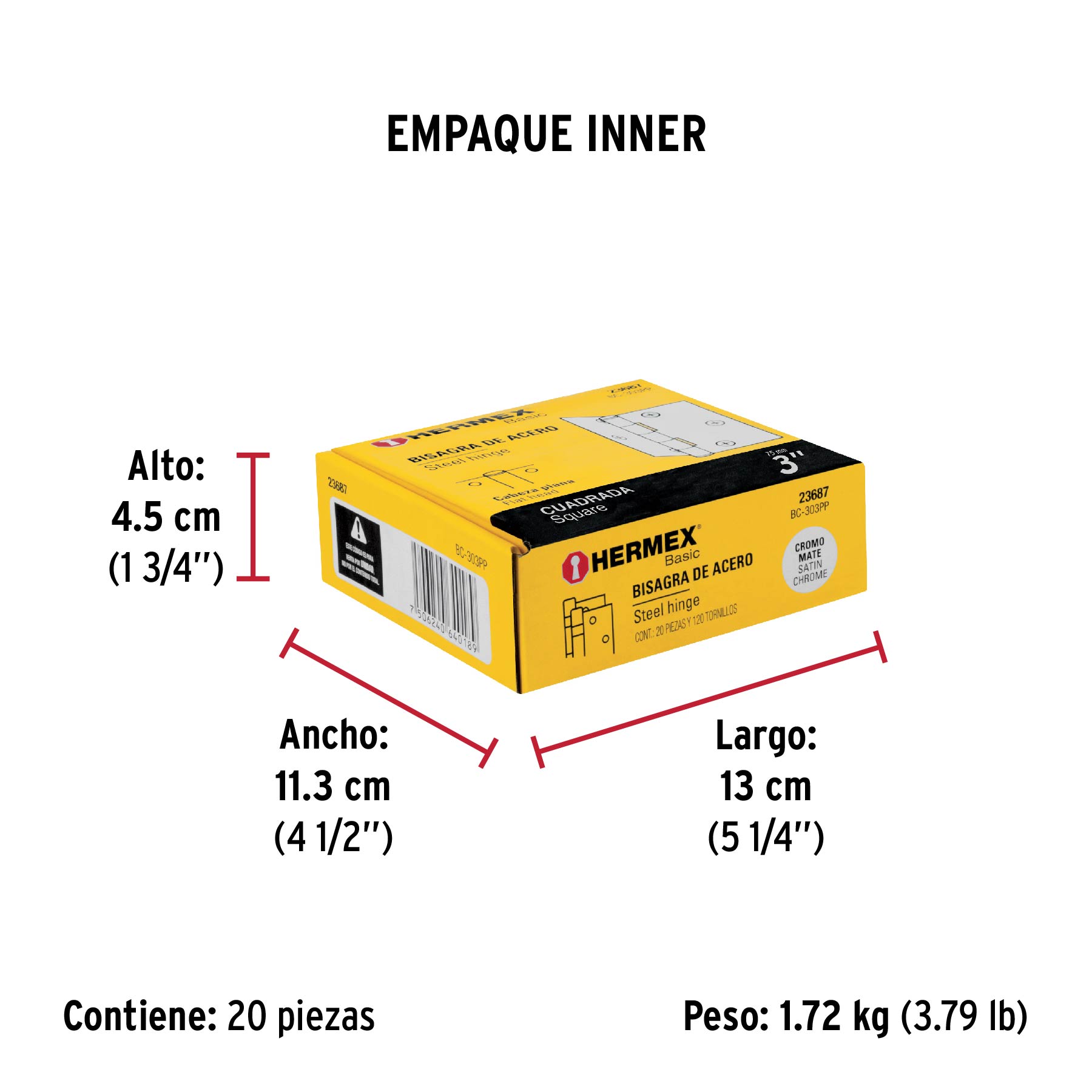 Bisagra cuadrada 3", satinado, cabeza plana, BASIC - Empaque