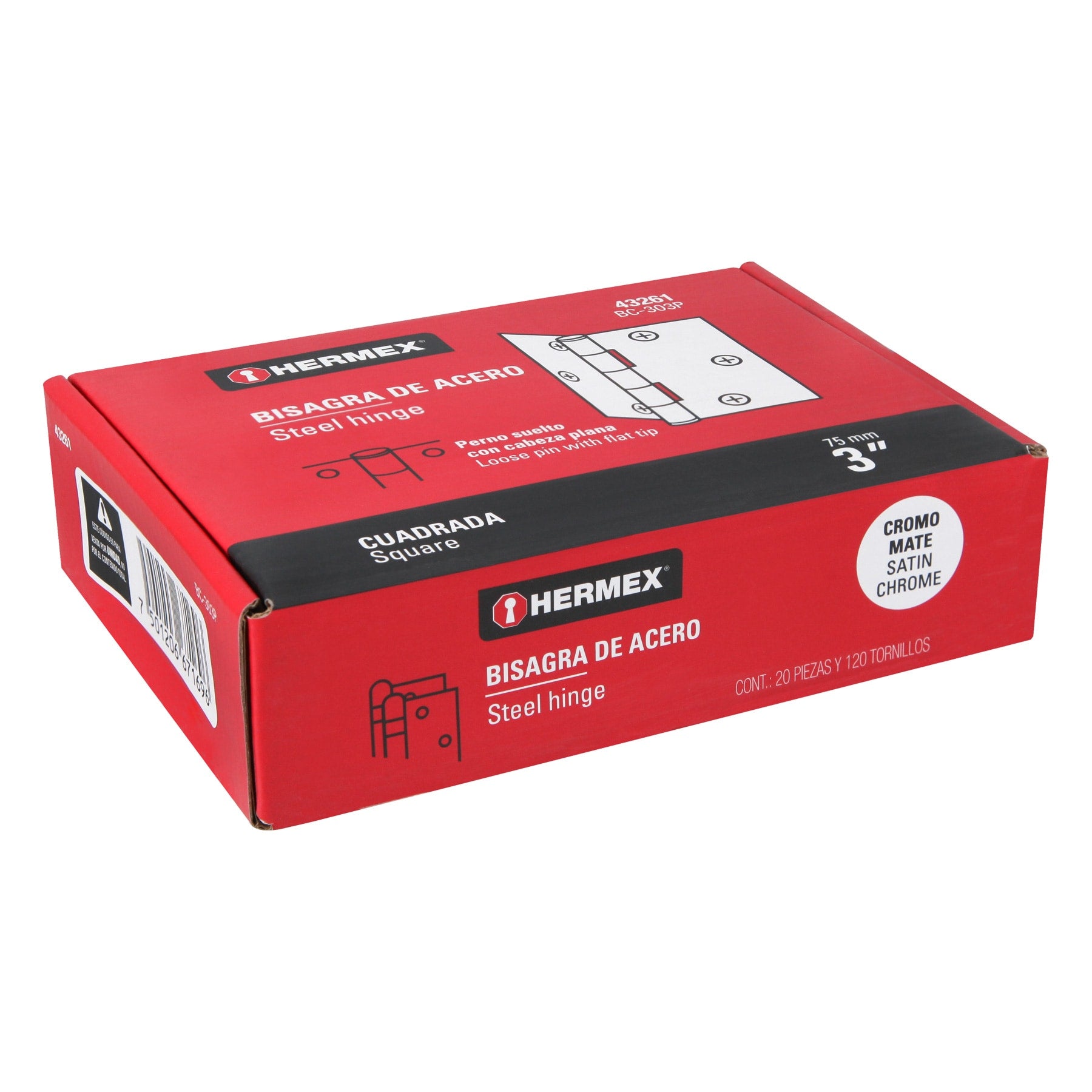 Bisagra cuadrada 3", satinado, cabeza plana, HERMEX