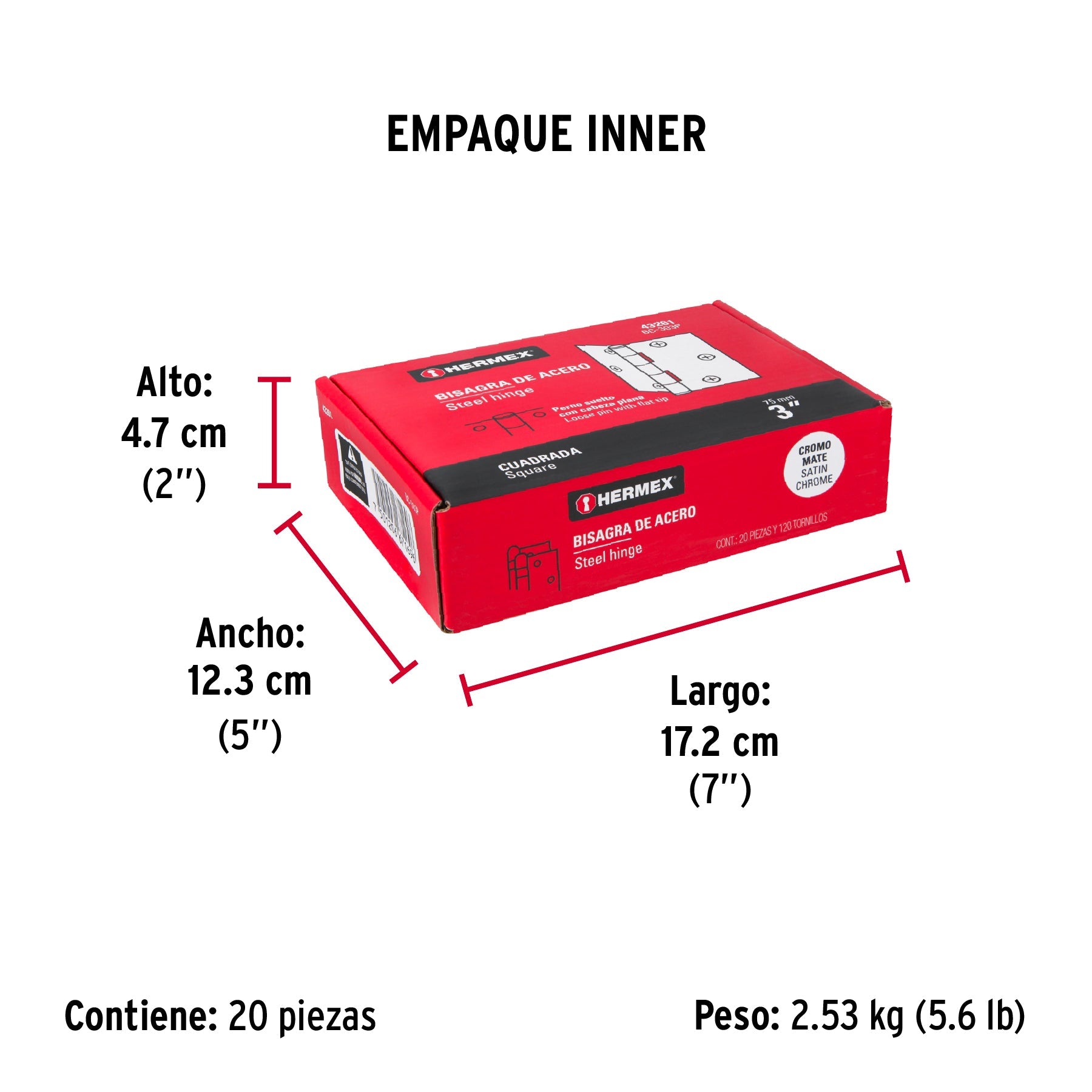 Bisagra cuadrada 3", satinado, cabeza plana, HERMEX - Empaque
