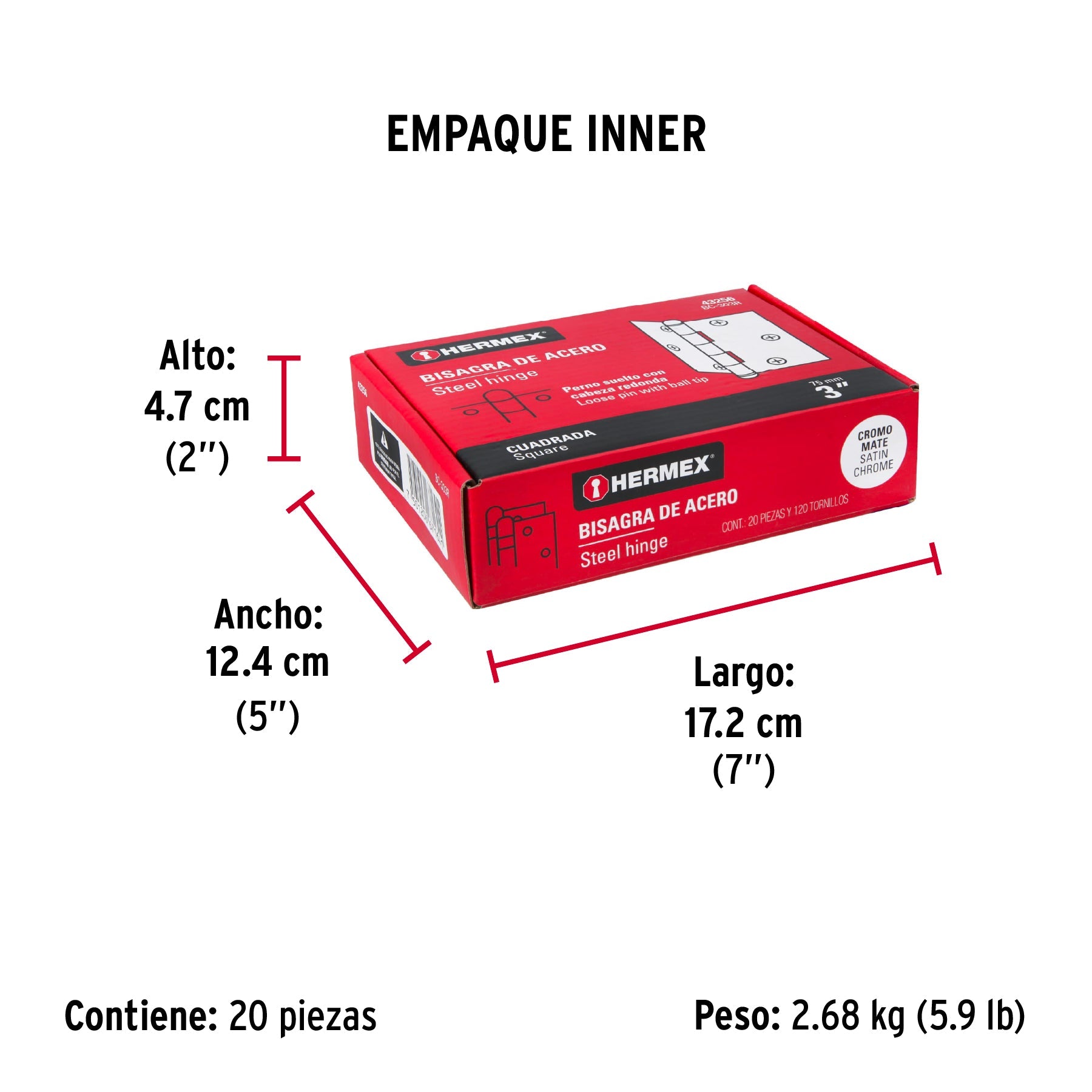 Bisagra cuadrada 3", satinado, cabeza redonda, HERMEX - Empaque