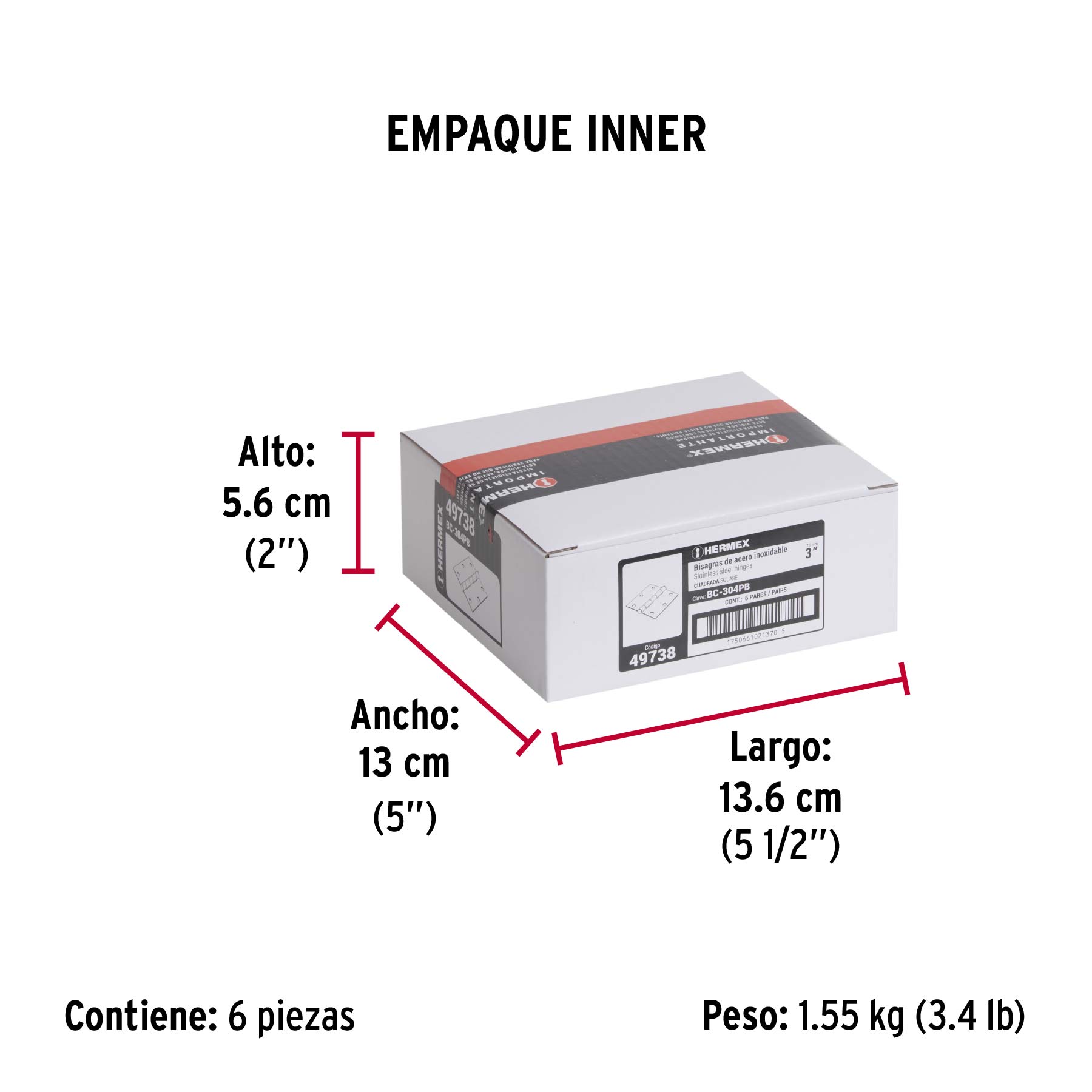 Bolsa 2 bisagras cuadradas 3"acero inox, cabeza plana - Empaque