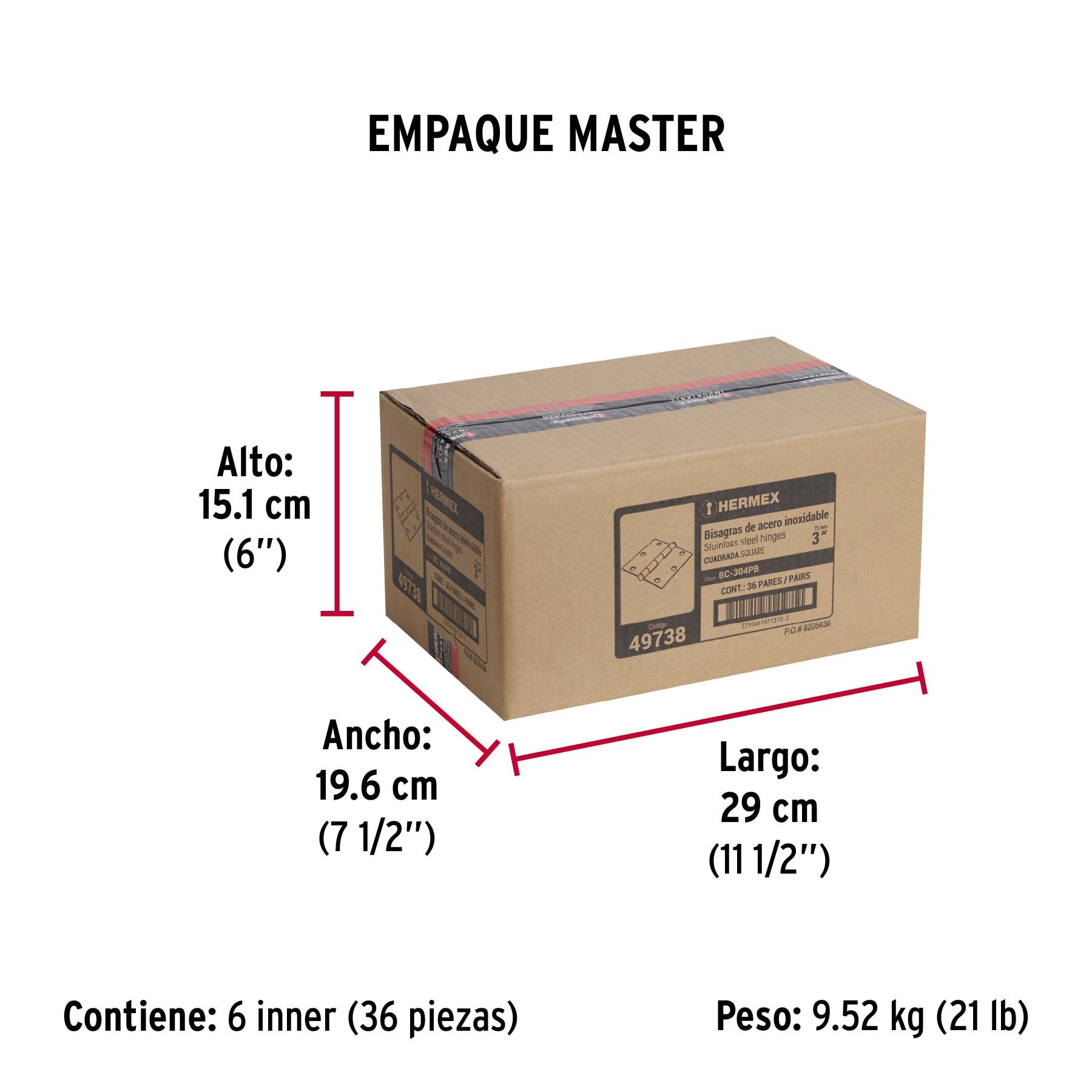 Bolsa 2 bisagras cuadradas 3"acero inox, cabeza plana - Empaque
