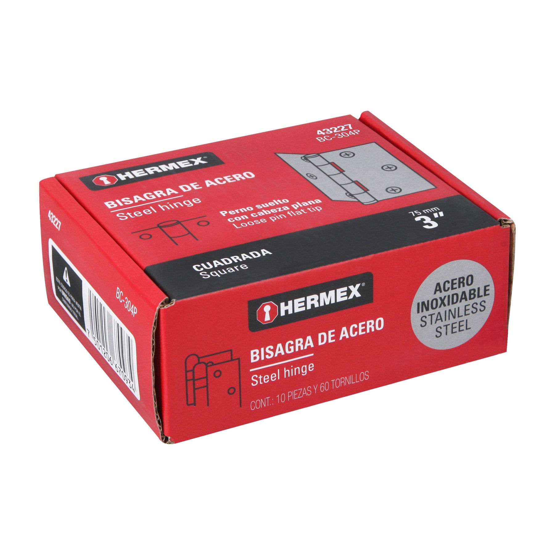Bisagra cuadrada 3" acero inox, cabeza plana, HERMEX