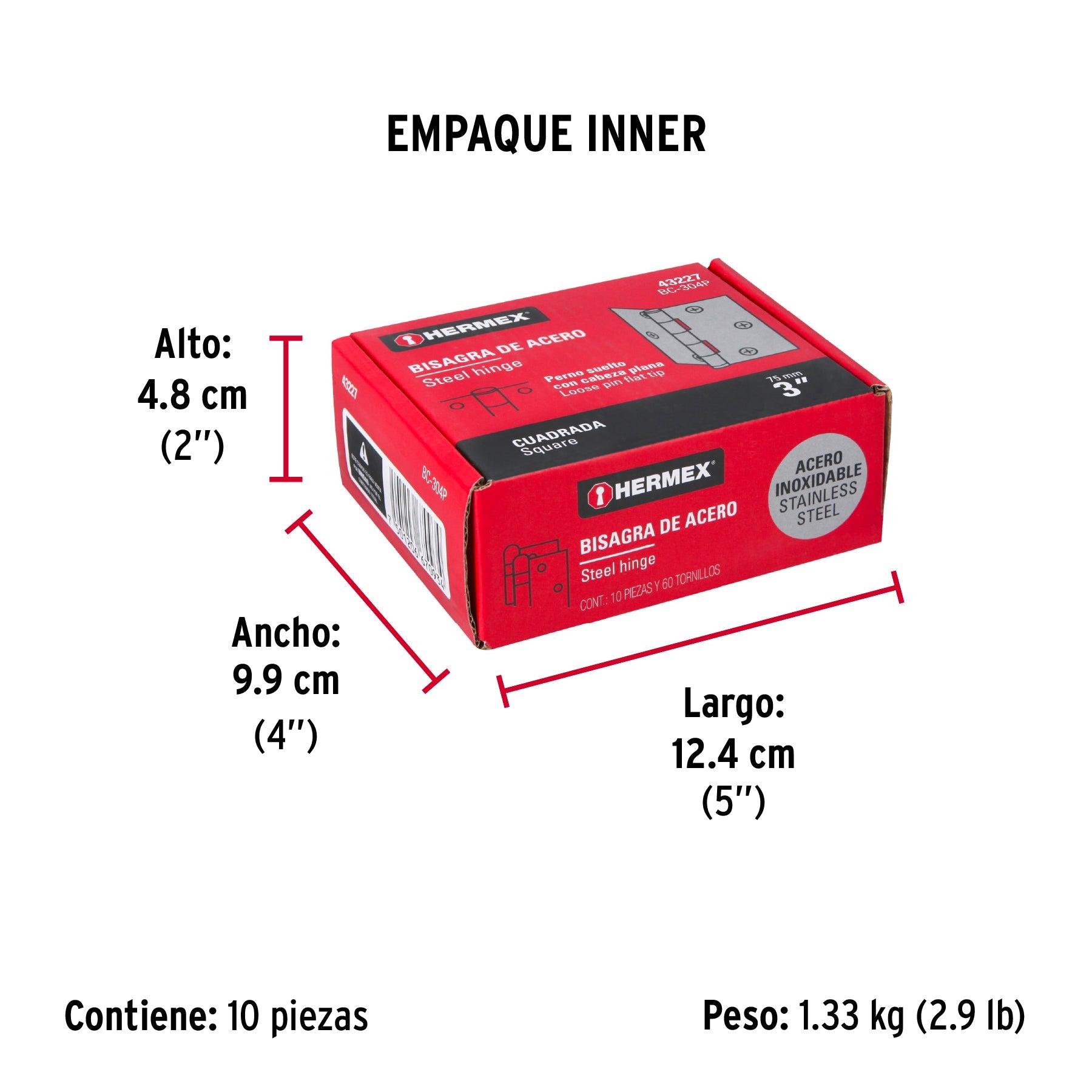Bisagra cuadrada 3" acero inox, cabeza plana, HERMEX - Empaque