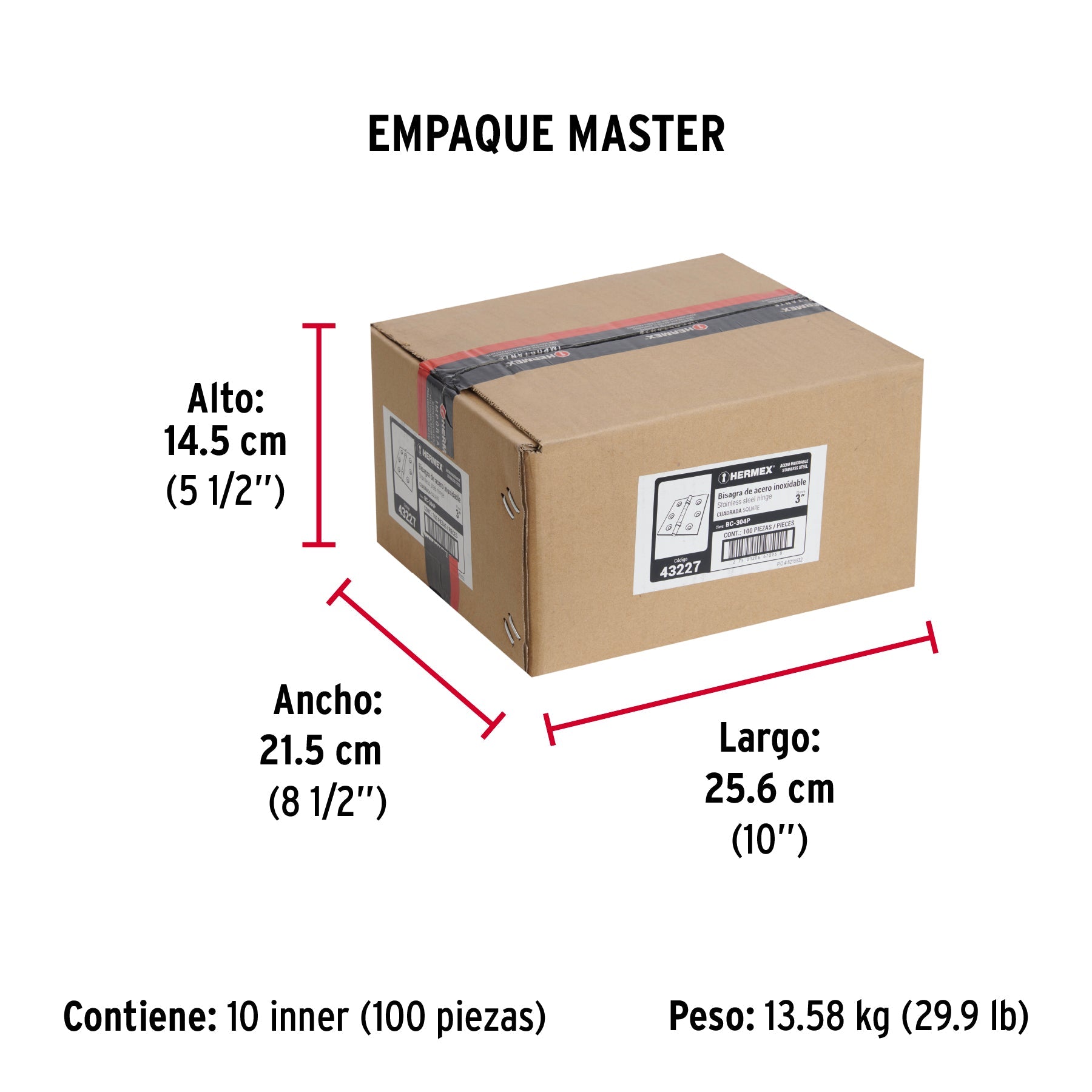 Bisagra cuadrada 3" acero inox, cabeza plana, HERMEX - Empaque