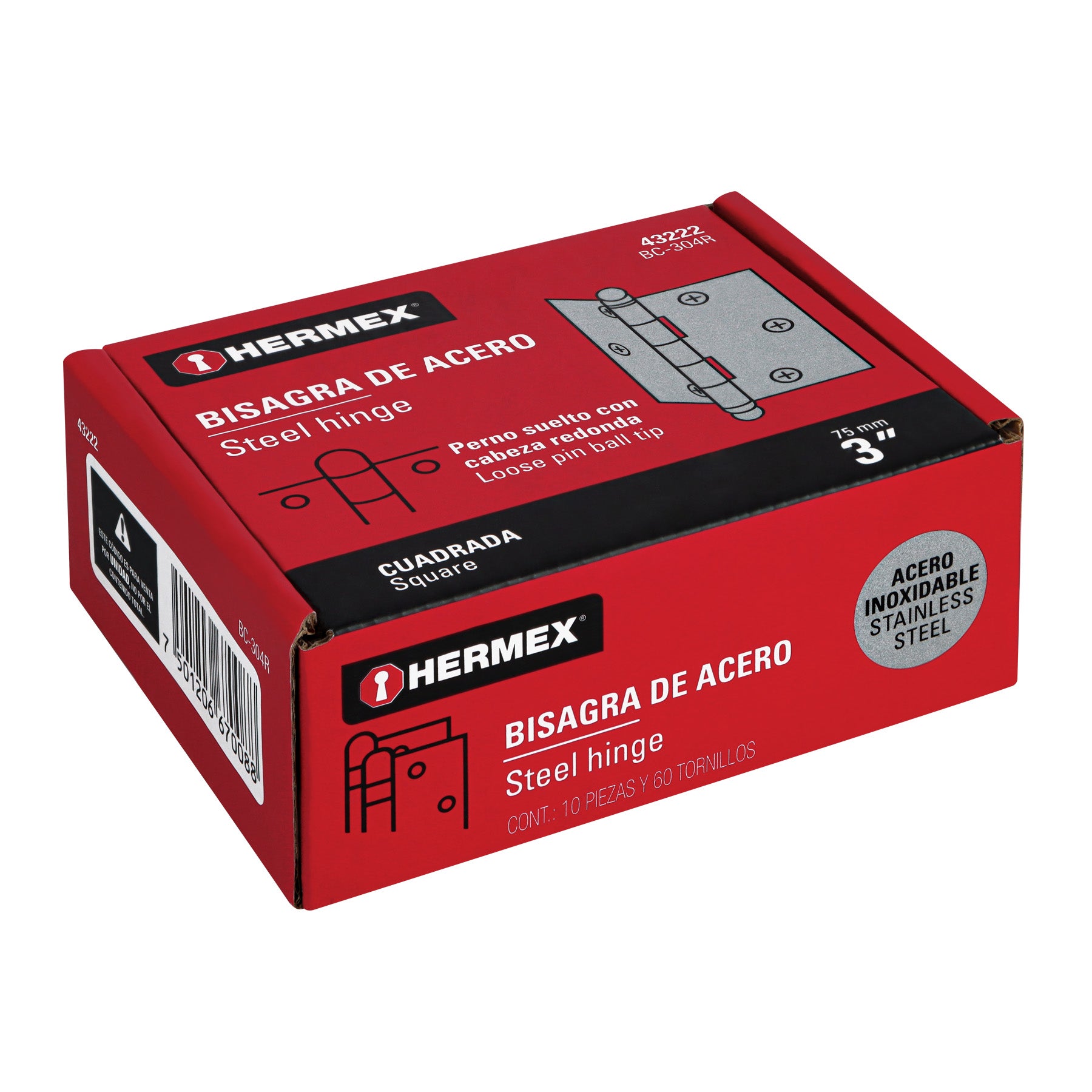 Bisagra cuadrada 3" acero inox, cabeza redonda, HERMEX
