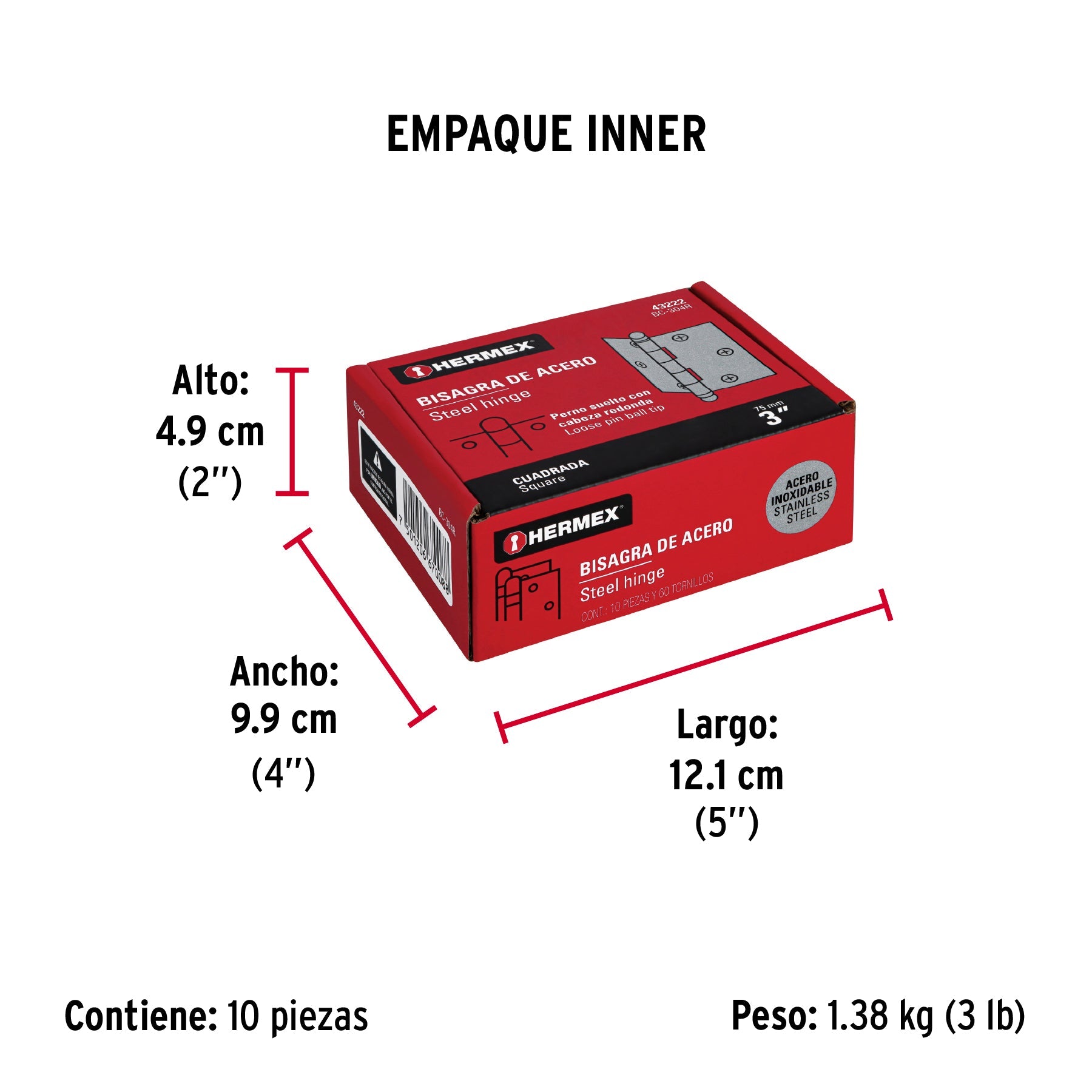 Bisagra cuadrada 3" acero inox, cabeza redonda, HERMEX - Empaque