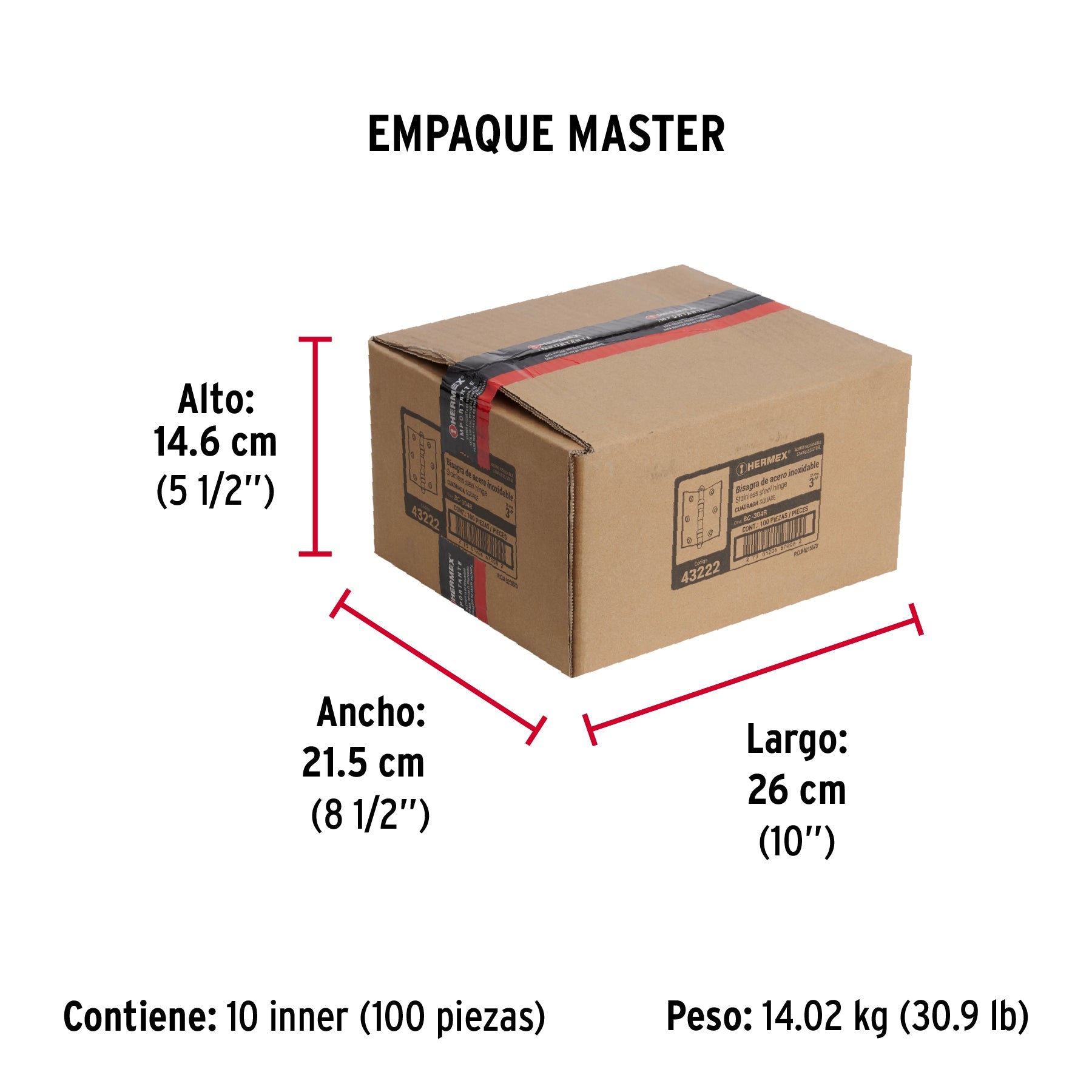 Bisagra cuadrada 3" acero inox, cabeza redonda, HERMEX - Empaque