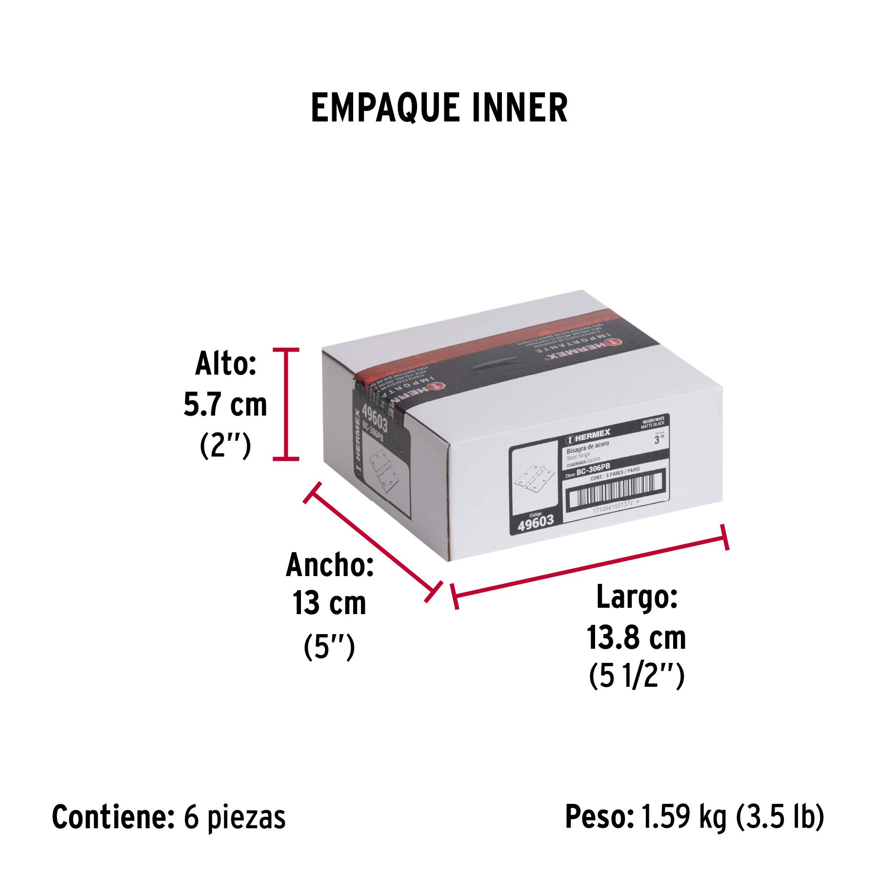 Bolsa 2 bisagras cuadradas 3" negro, cabeza plana - Empaque
