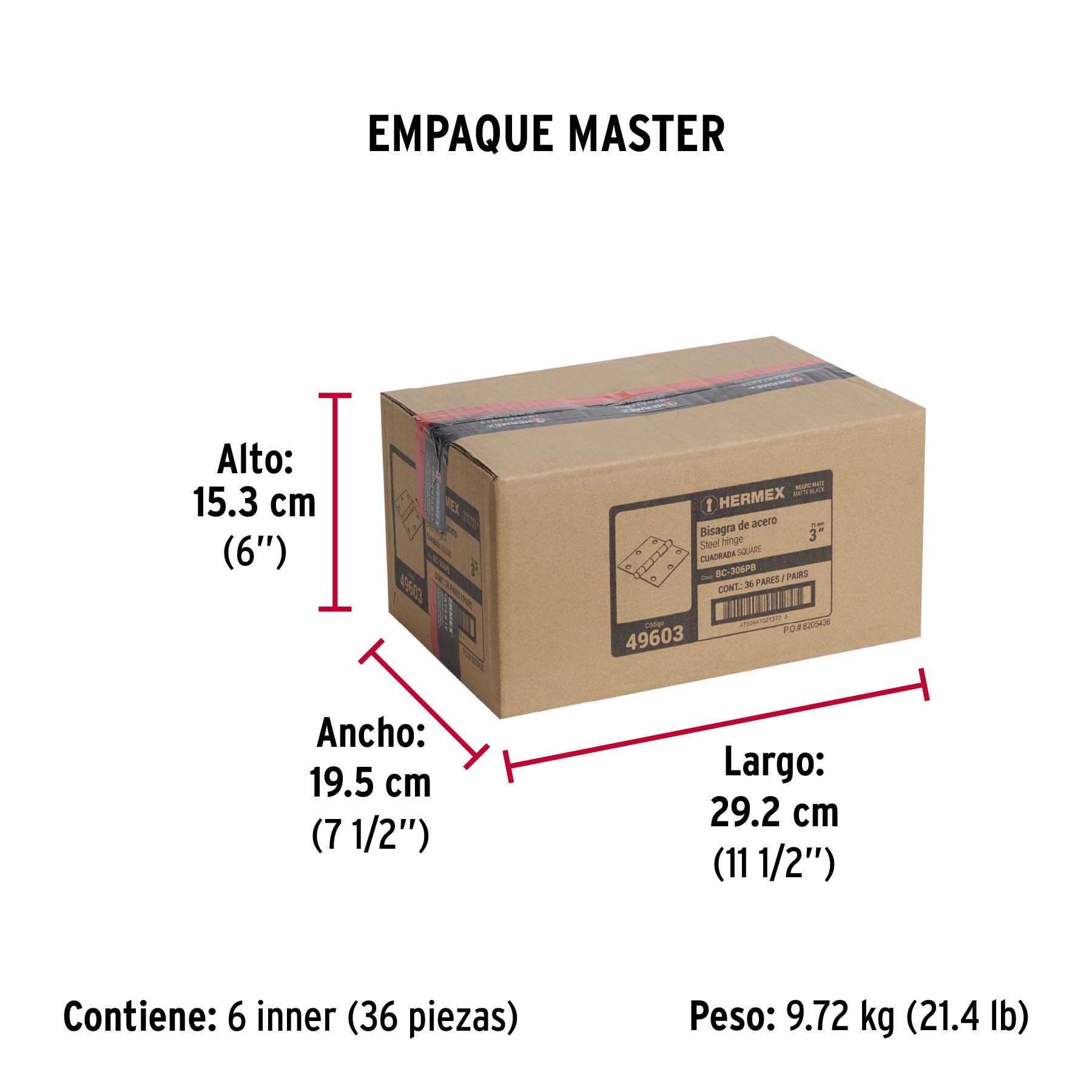 Bolsa 2 bisagras cuadradas 3" negro, cabeza plana - Empaque