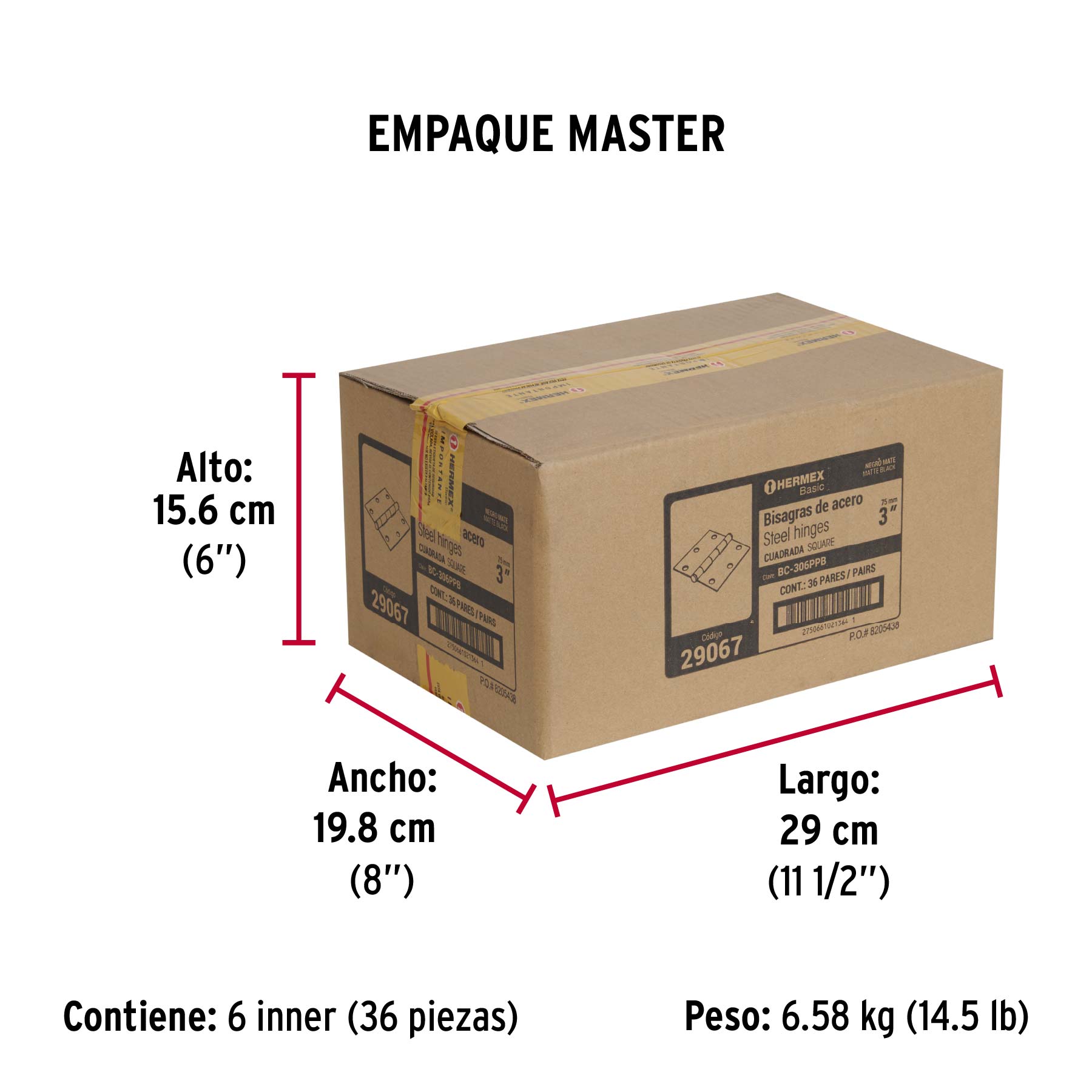 Bolsa c/2 bisagras cuadradas 3", plana, negro, BASIC - Empaque
