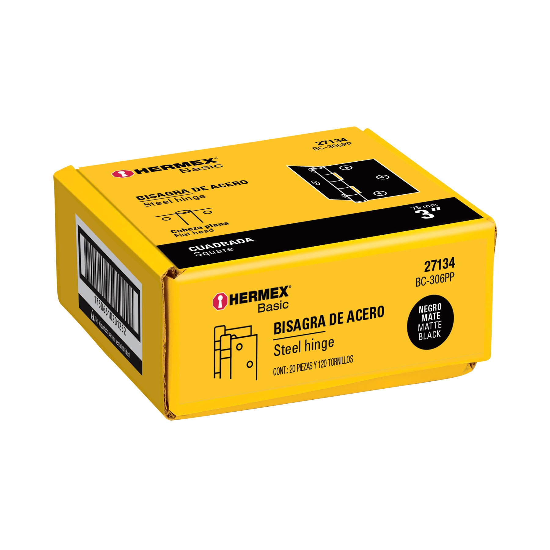 Bisagra cuadrada 3", negro mate, cabeza plana, BASIC