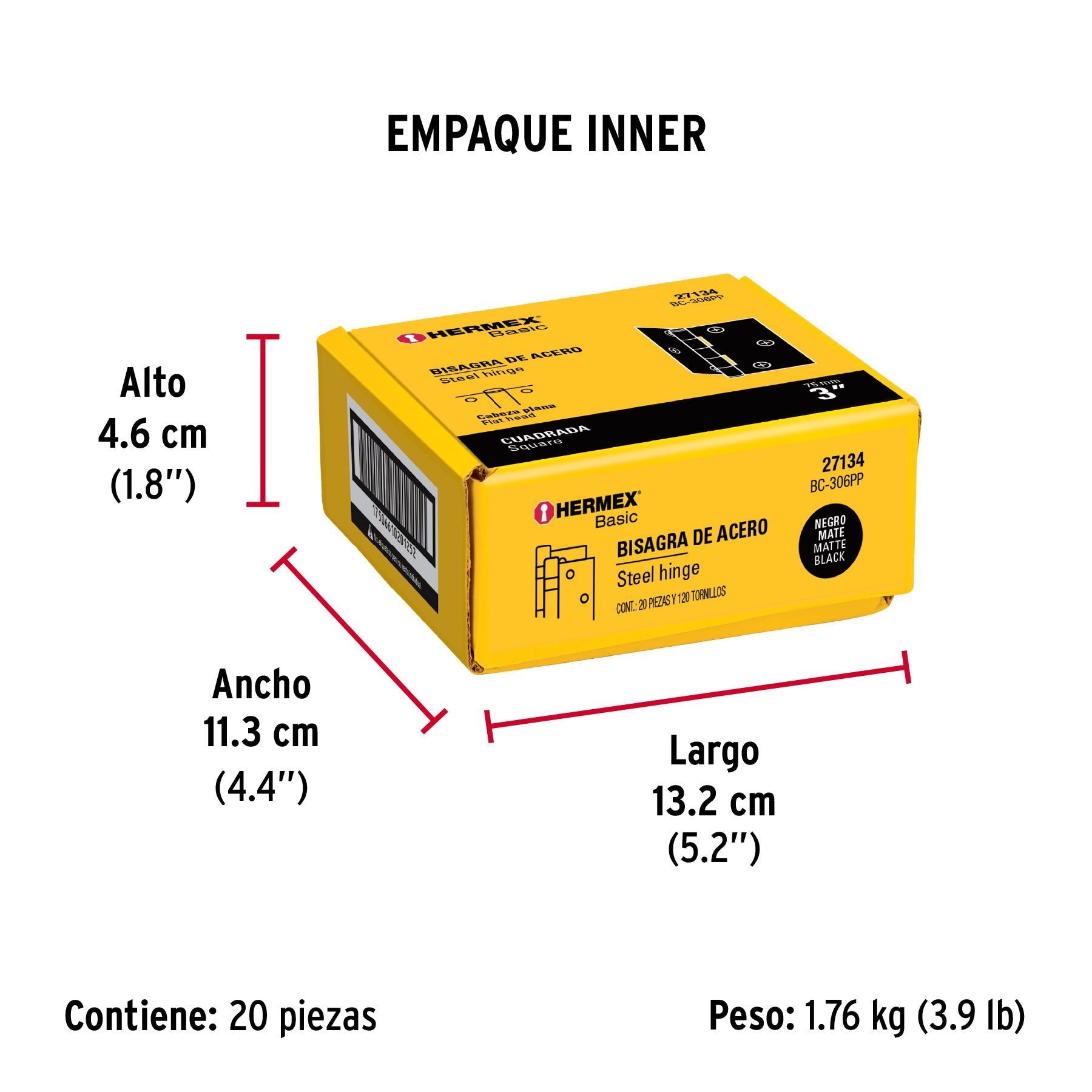 Bisagra cuadrada 3", negro mate, cabeza plana, BASIC - Empaque